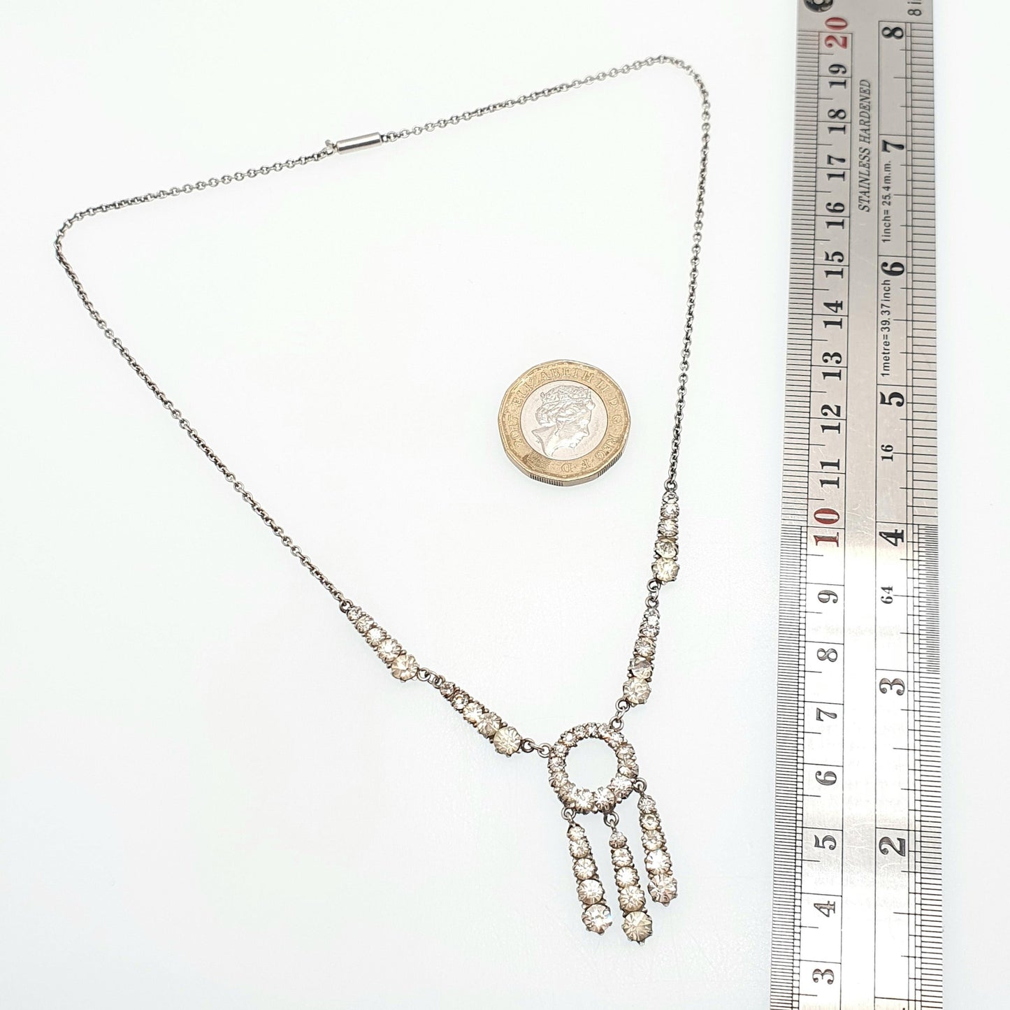 Antique Sterling Silver Diamond Paste Necklace Art Deco Tassel Pendant 1920s Vintage Chain Link Womens Jewellery Jewelry