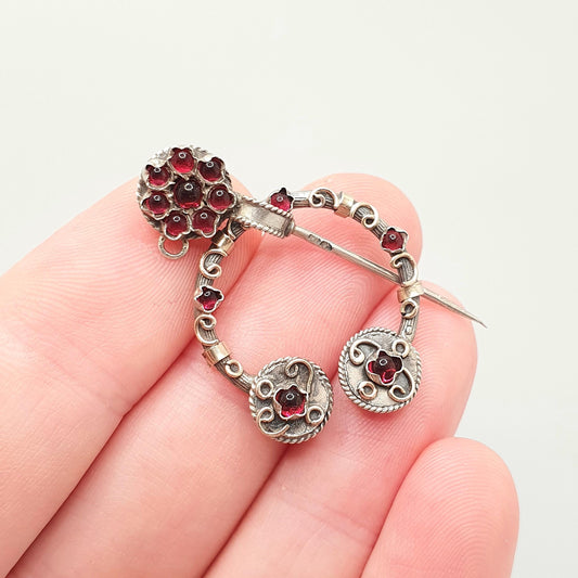 Antique Vintage Solid Silver Cloak Pin Brooch Garnet Paste Celtic Scandinavian Style Decorative Scarf Pin Gold Highlights