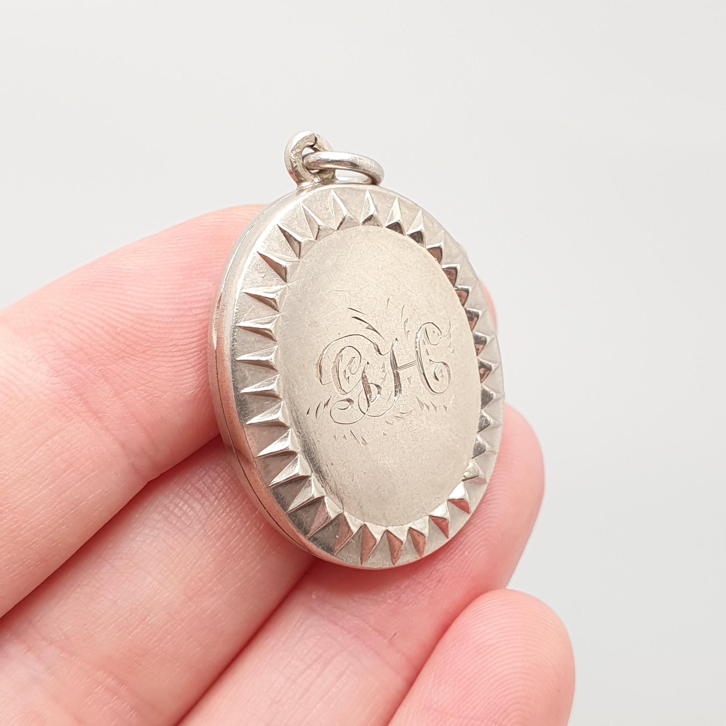 Antique Victorian Solid Silver Locket Oval Stepped Initialled GH Pendant Necklace Picture Photo Vintage Jewelry Jewellery
