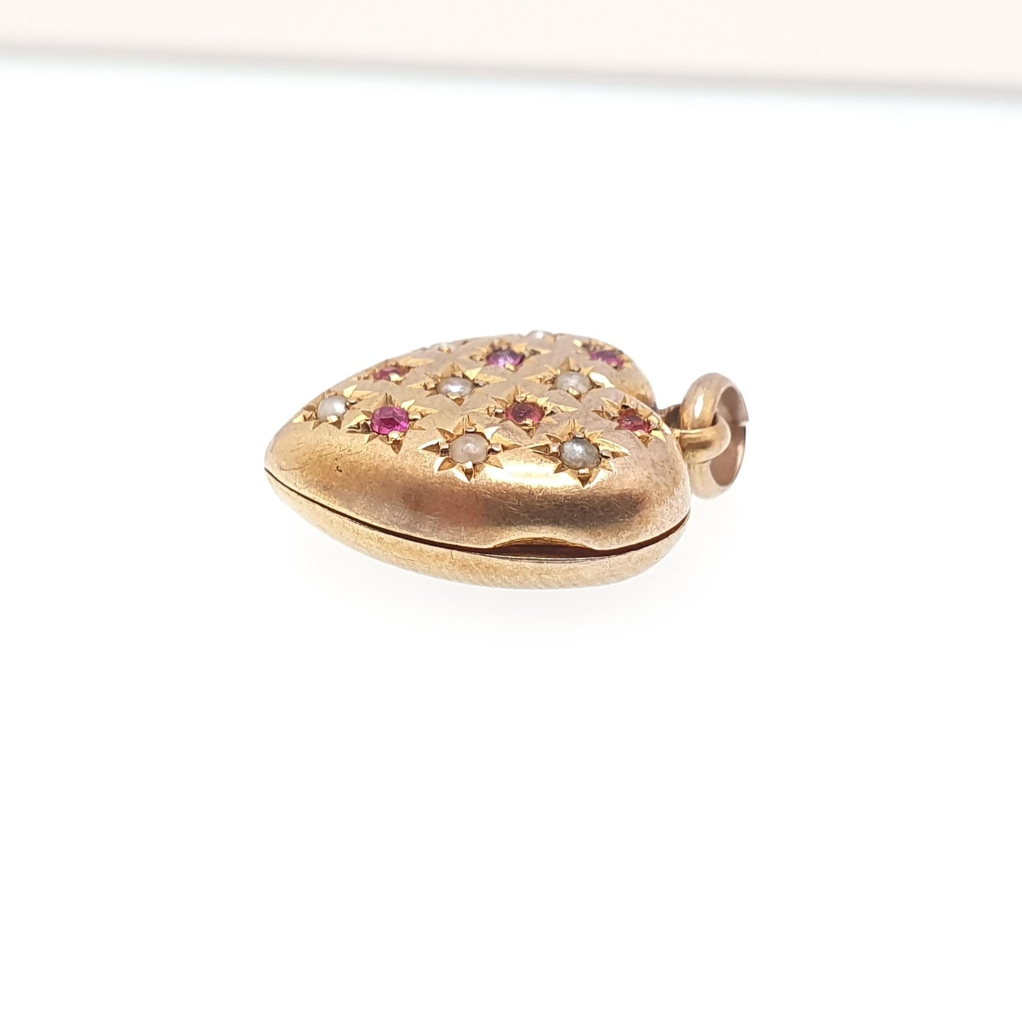 Antique 9ct 9k Gold Heart Locket Ruby Paste Seed Pearl Pave Set Victorian Pendant Back Front Small Photo Vintage Jewelry Jewellery
