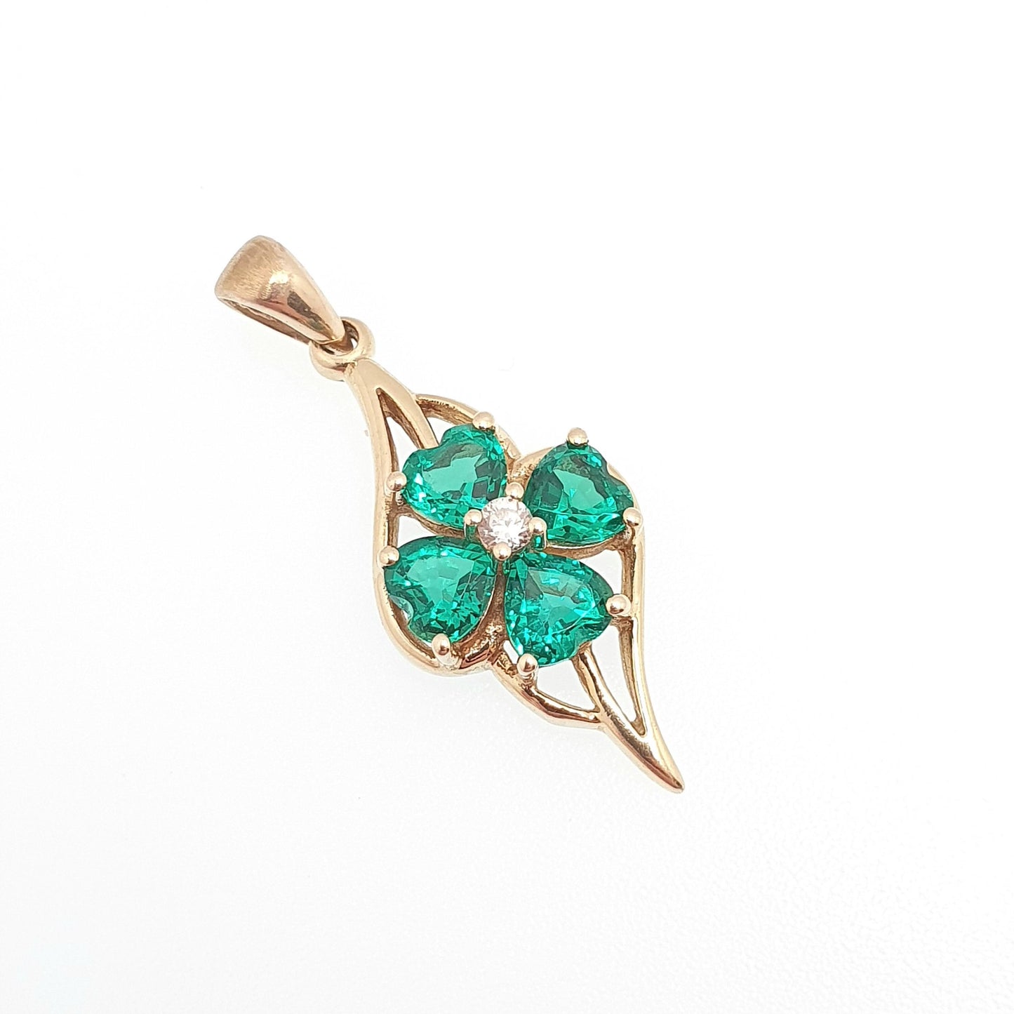 Vintage 9ct 9k Gold Clover Pendant Green Spinel & CZ Necklace Gemstone Solid 375 Lucky Good Luck Irish Jewelry Jewellery
