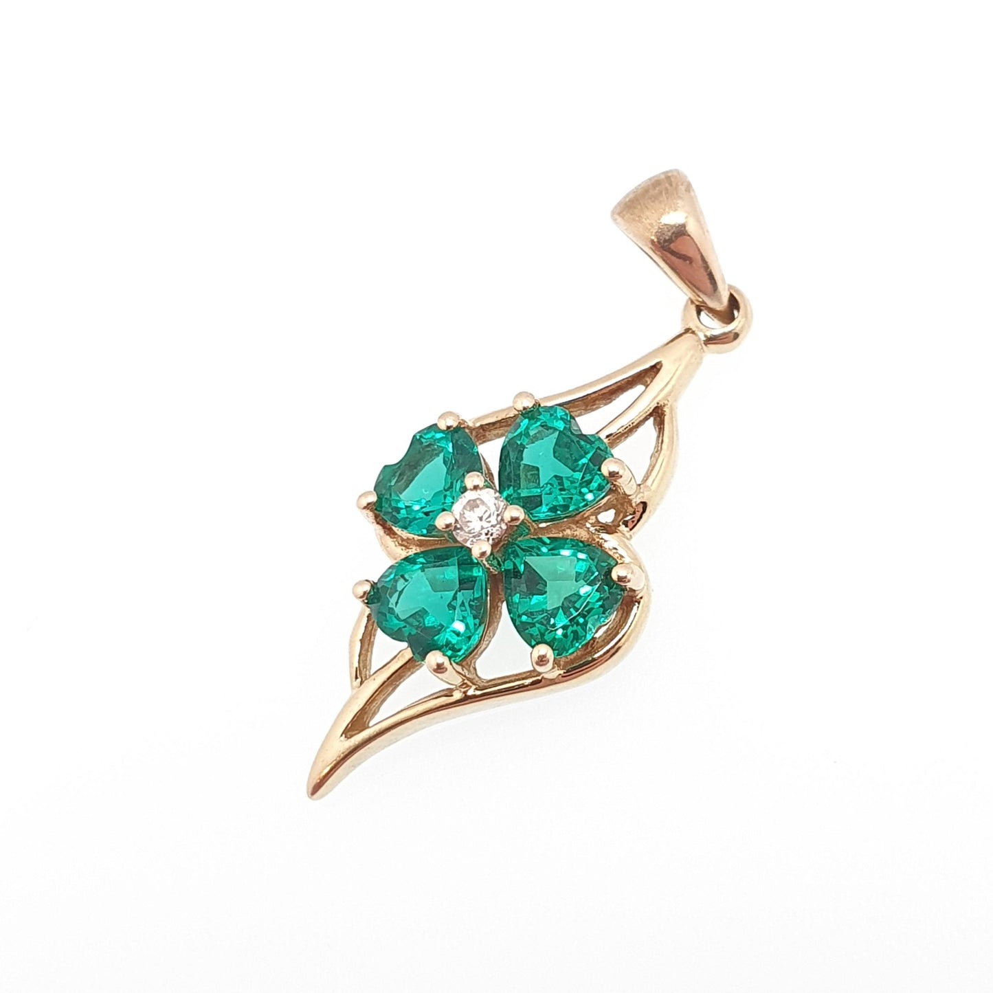Vintage 9ct 9k Gold Clover Pendant Green Spinel & CZ Necklace Gemstone Solid 375 Lucky Good Luck Irish Jewelry Jewellery