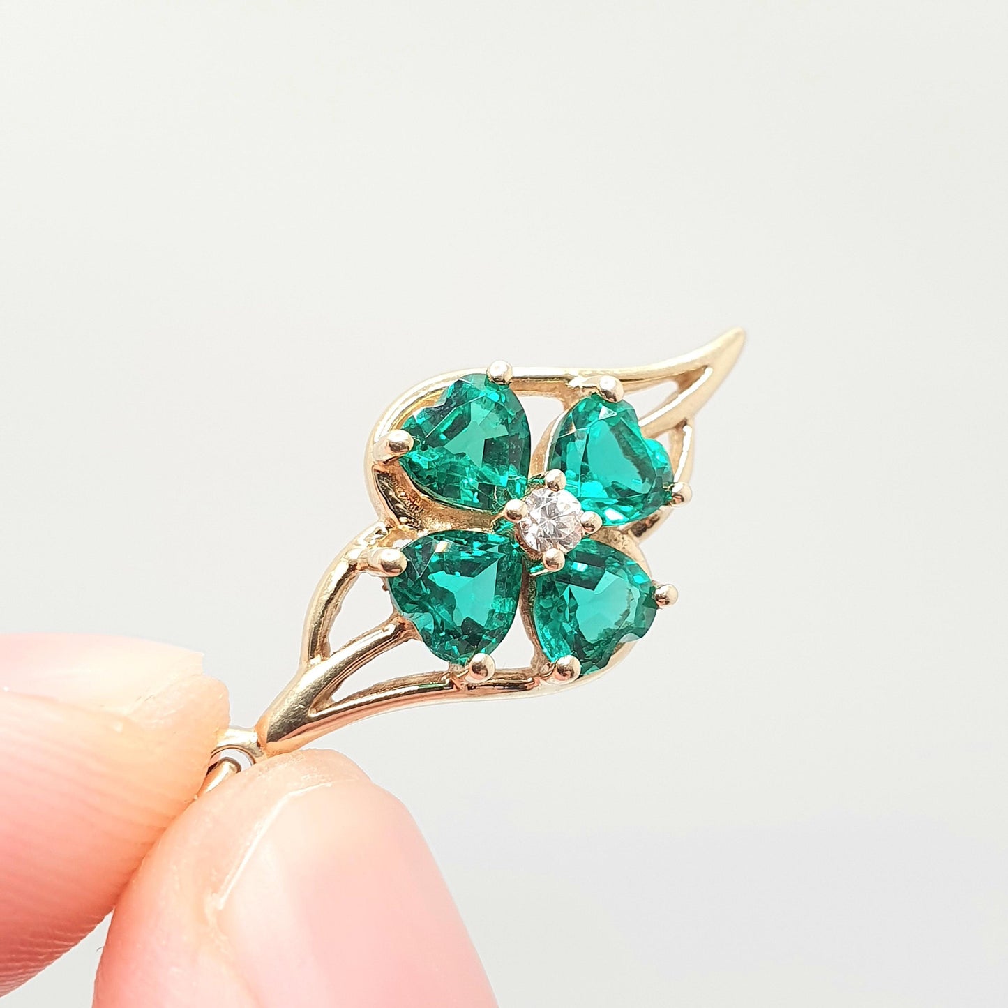 Vintage 9ct 9k Gold Clover Pendant Green Spinel & CZ Necklace Gemstone Solid 375 Lucky Good Luck Irish Jewelry Jewellery