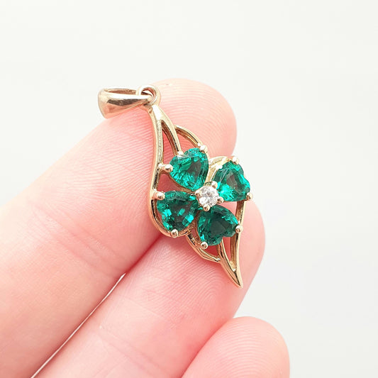 Vintage 9ct 9k Gold Clover Pendant Green Spinel & CZ Necklace Gemstone Solid 375 Lucky Good Luck Irish Jewelry Jewellery