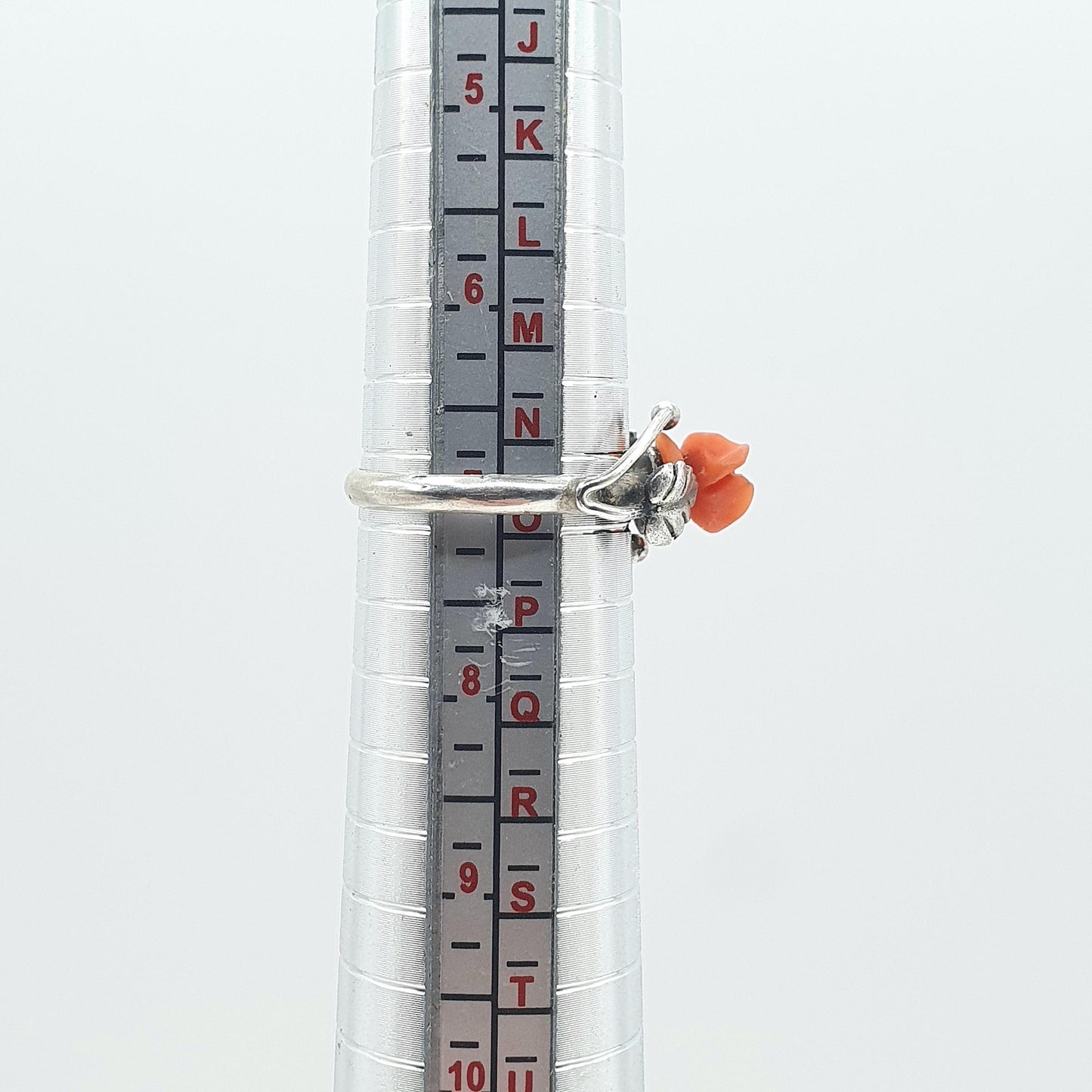 Antique Solid Silver Carved Coral Flower Ring Hand Carved Gemstone Orange Womens Ladies Jewelry Jewellery