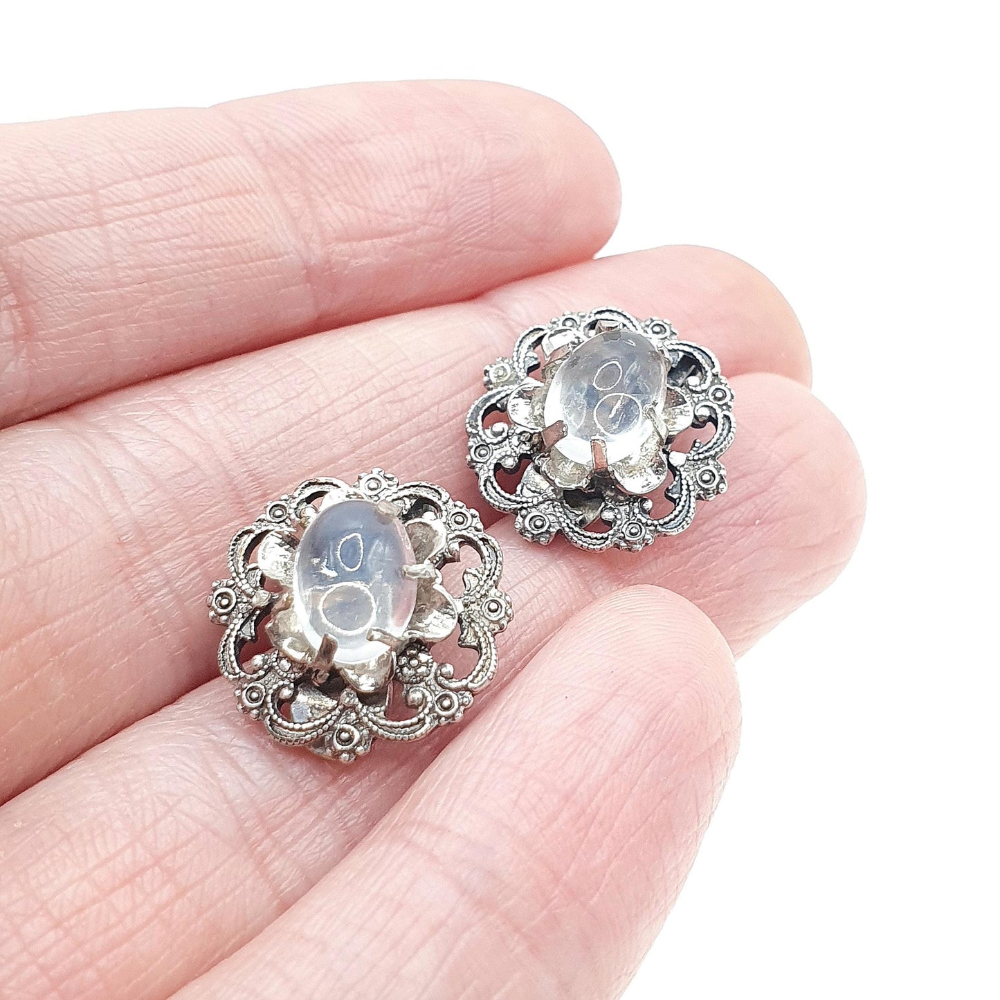 Antique Silver Plate Moonstone Clip On Earrings Czech Adularescence Gemstone Vintage Womens Jewellery Jewelry