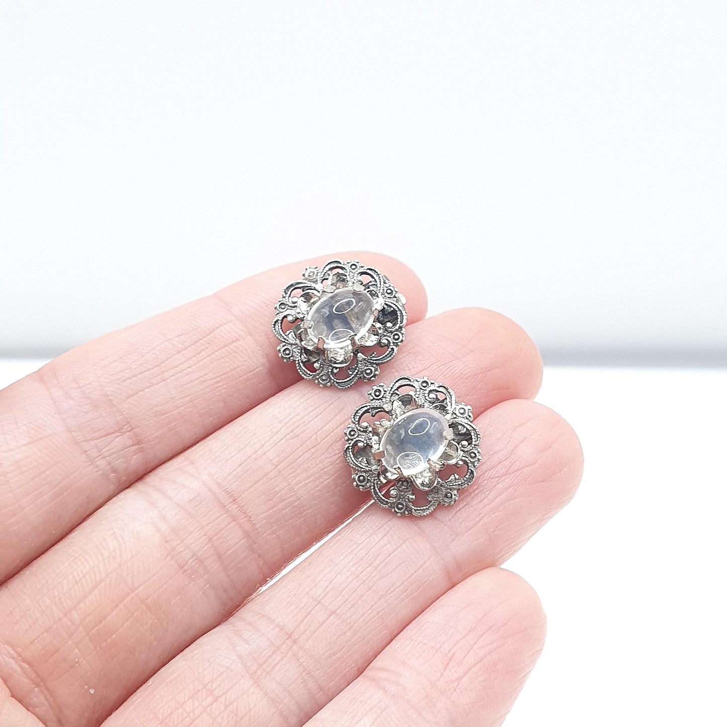 Antique Silver Plate Moonstone Clip On Earrings Czech Adularescence Gemstone Vintage Womens Jewellery Jewelry