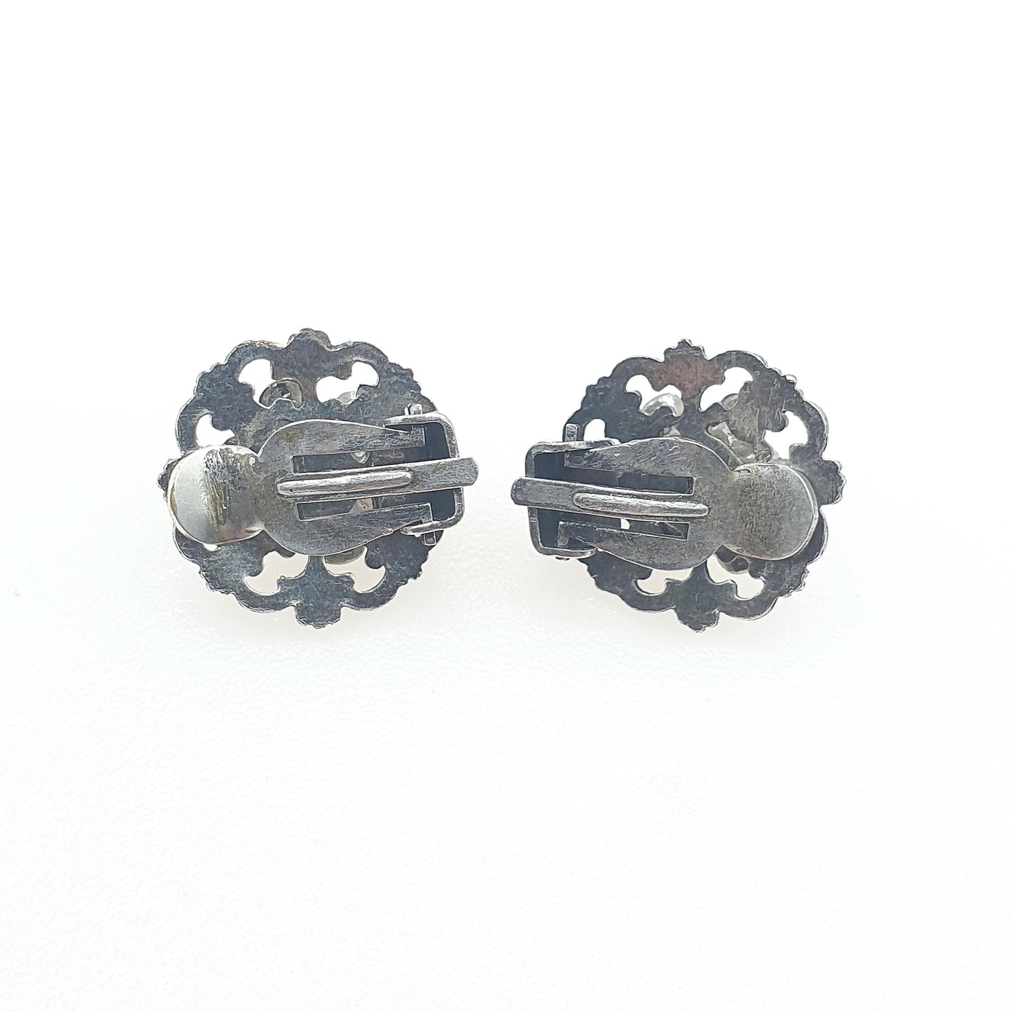 Antique Silver Plate Moonstone Clip On Earrings Czech Adularescence Gemstone Vintage Womens Jewellery Jewelry