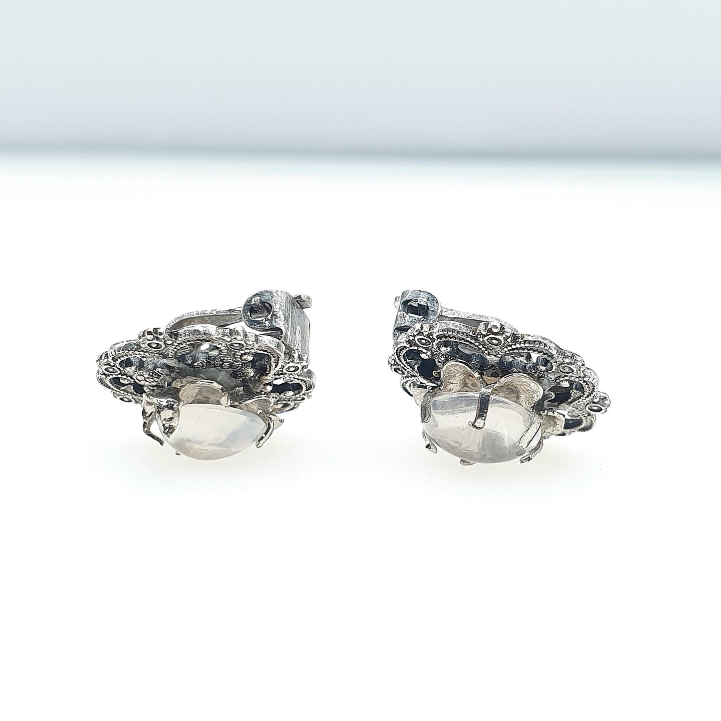 Antique Silver Plate Moonstone Clip On Earrings Czech Adularescence Gemstone Vintage Womens Jewellery Jewelry