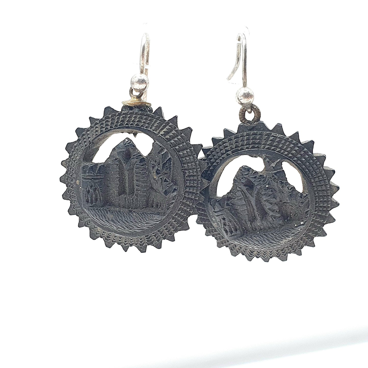 Antique Victorian Black Vulcanite Earrings Castle Whitby Abbey Designed to look like Whitby Jet Jewelry Jewellery Old Vintage Womens
