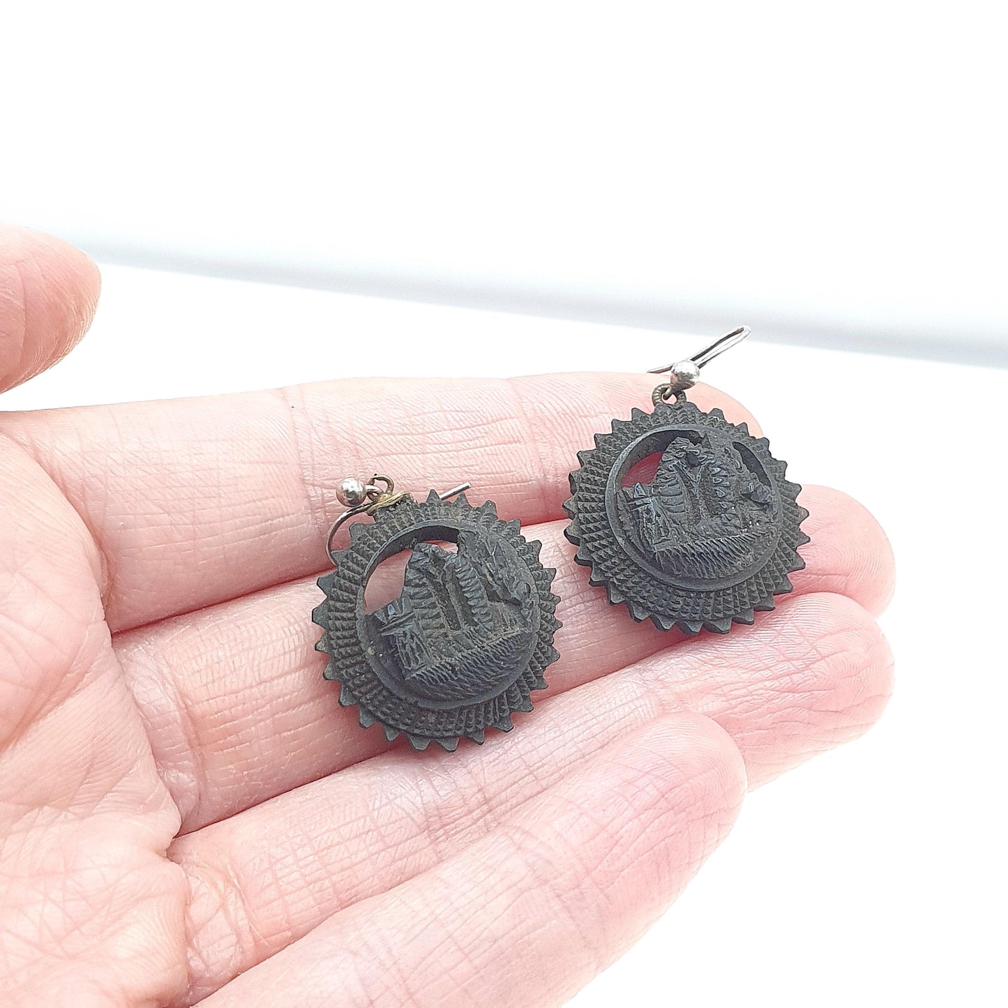 Antique Victorian Black Vulcanite Earrings Castle Whitby Abbey Designed to look like Whitby Jet Jewelry Jewellery Old Vintage Womens