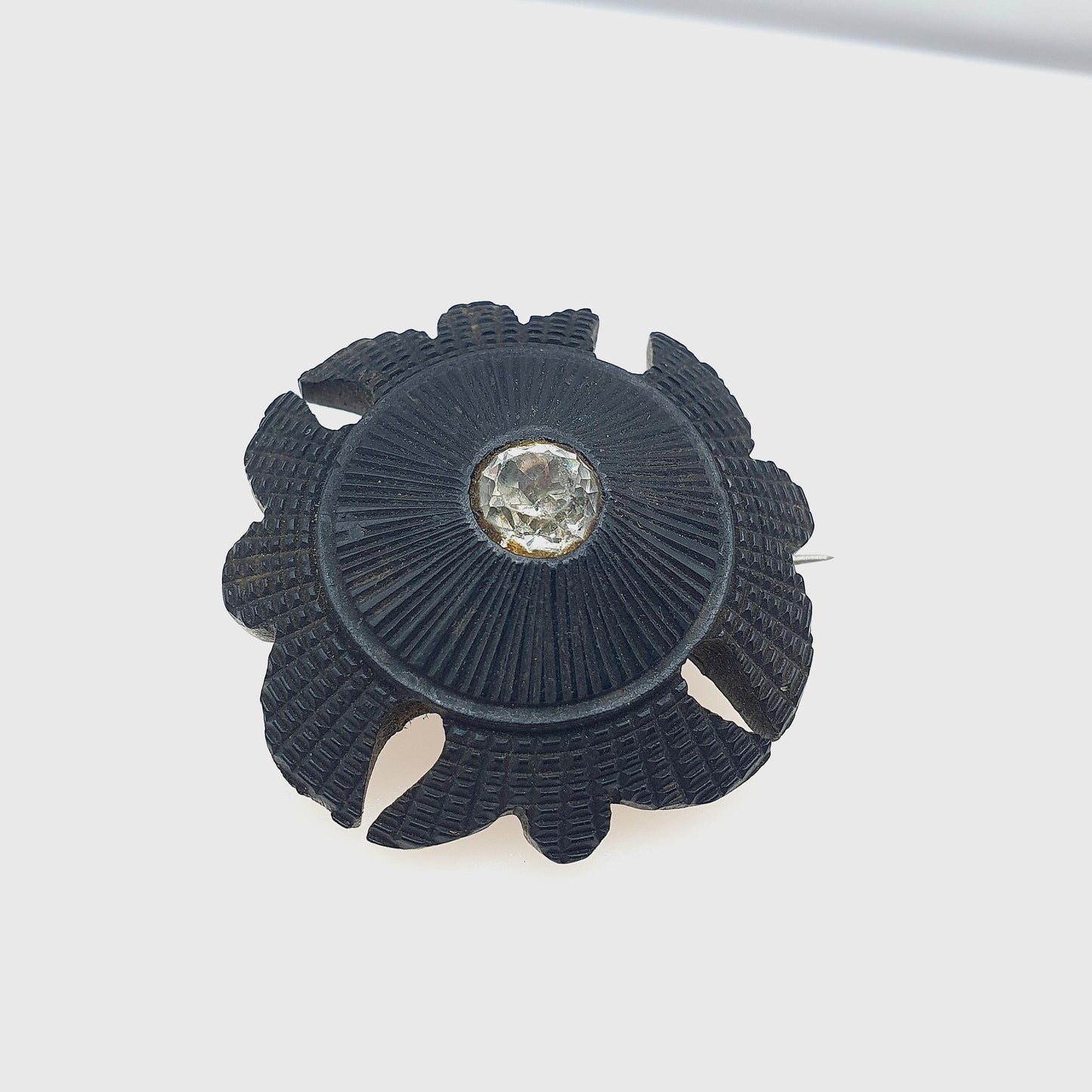 Antique Victorian Bog Oak Diamond Paste Brooch Hand Carved Cruciform Style Black Whitby Jet Imitation Vintage Unisex Jewelry Jewellery