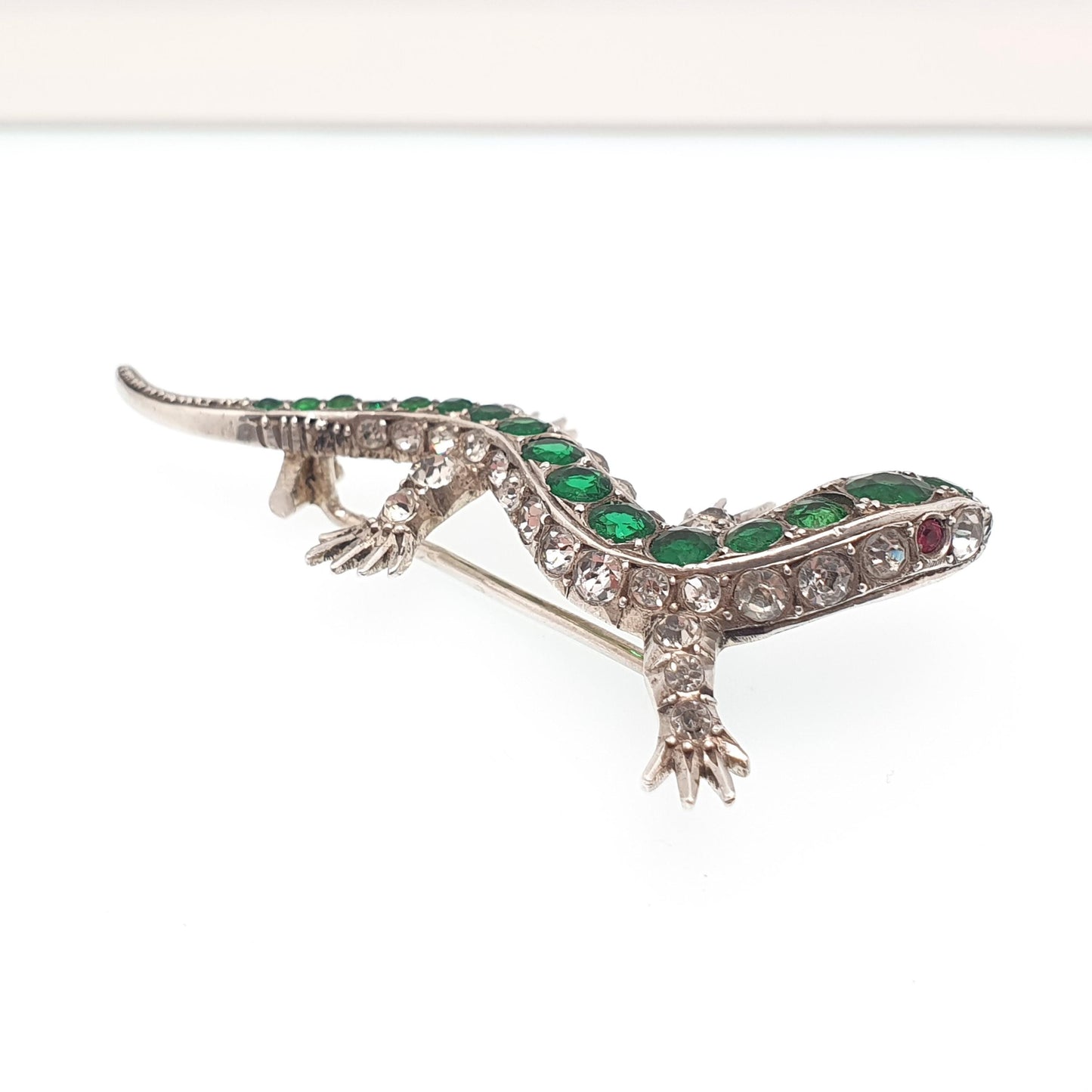 Antique Victorian Solid Silver Lizard Brooch Emerald & Diamond Paste Pastes Reptile Animal Gecko Vintage Womens Retro Jewelry Jewellery