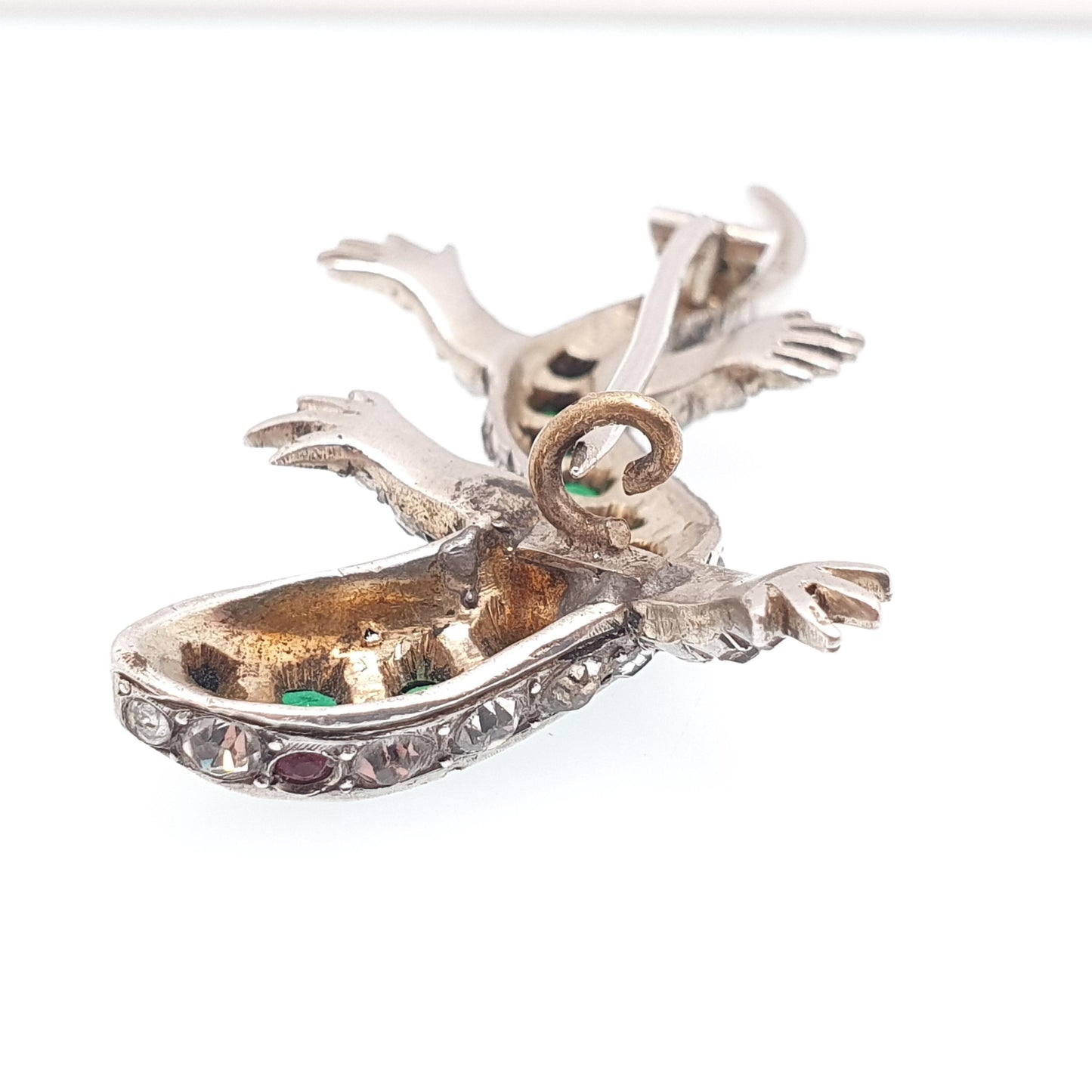 Antique Victorian Solid Silver Lizard Brooch Emerald & Diamond Paste Pastes Reptile Animal Gecko Vintage Womens Retro Jewelry Jewellery