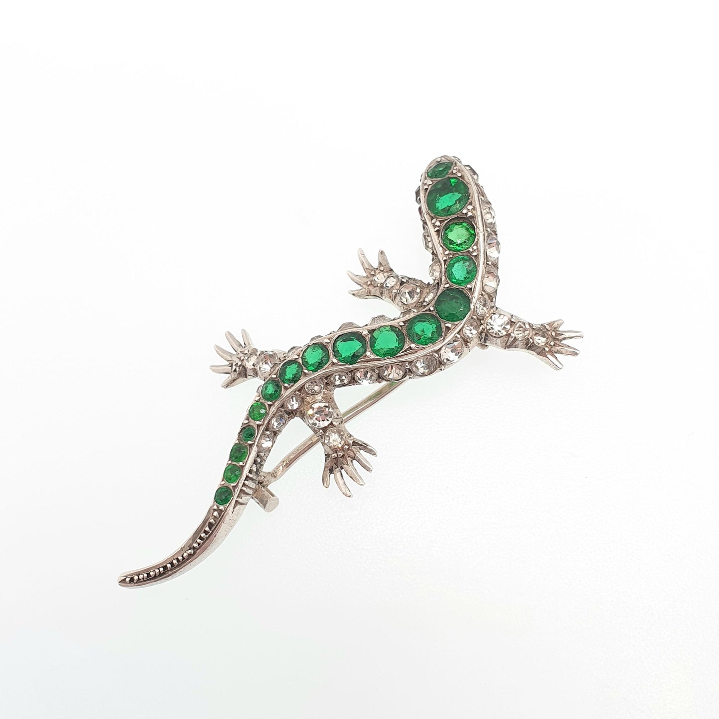 Antique Victorian Solid Silver Lizard Brooch Emerald & Diamond Paste Pastes Reptile Animal Gecko Vintage Womens Retro Jewelry Jewellery