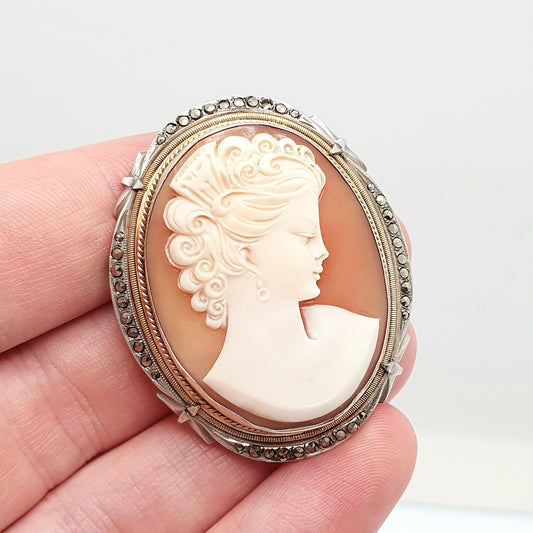 Antique Solid Silver Cameo Pendant Brooch Pin Large Big Genuine Shell Art Deco 1920s Marcasite Border Oval Italian Womens Jewelry Jewellery