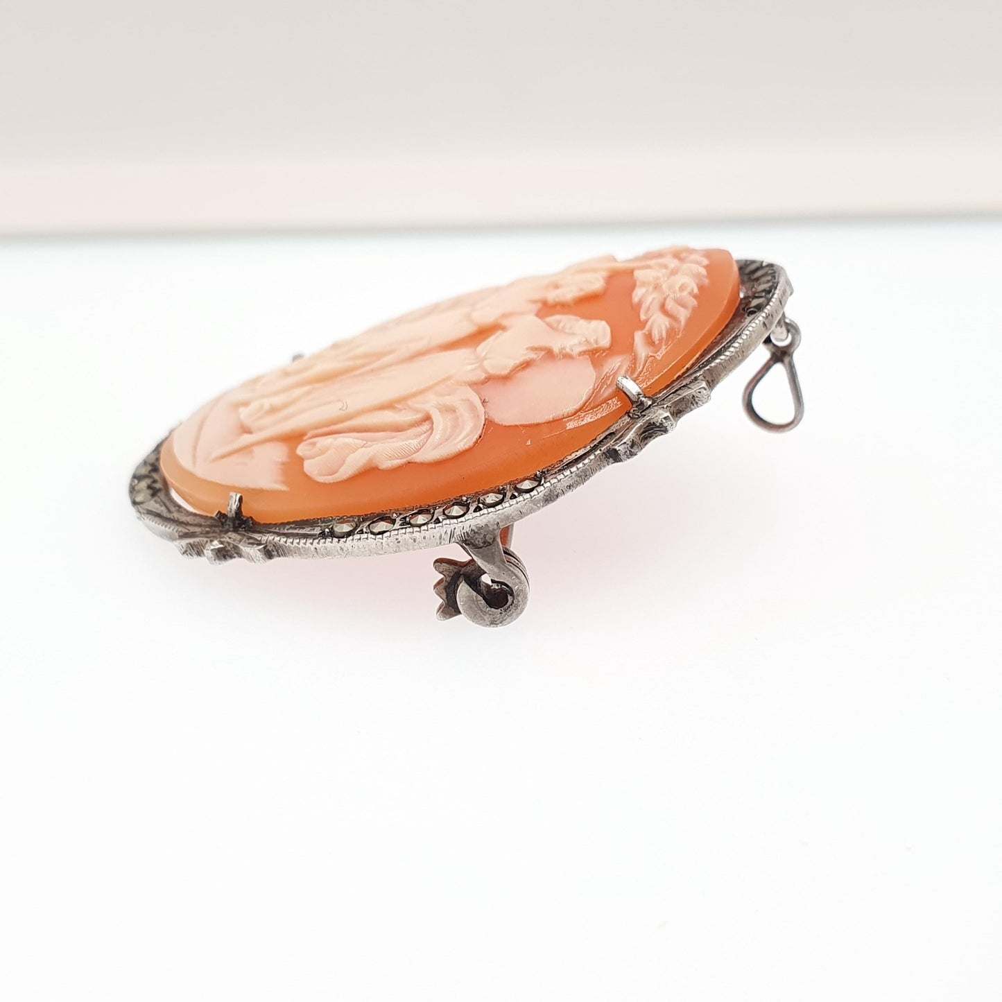 Antique Solid Silver Three Graces Cameo Necklace Pendant Brooch Marcasite Art Deco Shell Hand Carved Italian Jewelry Jewellery Jewelry