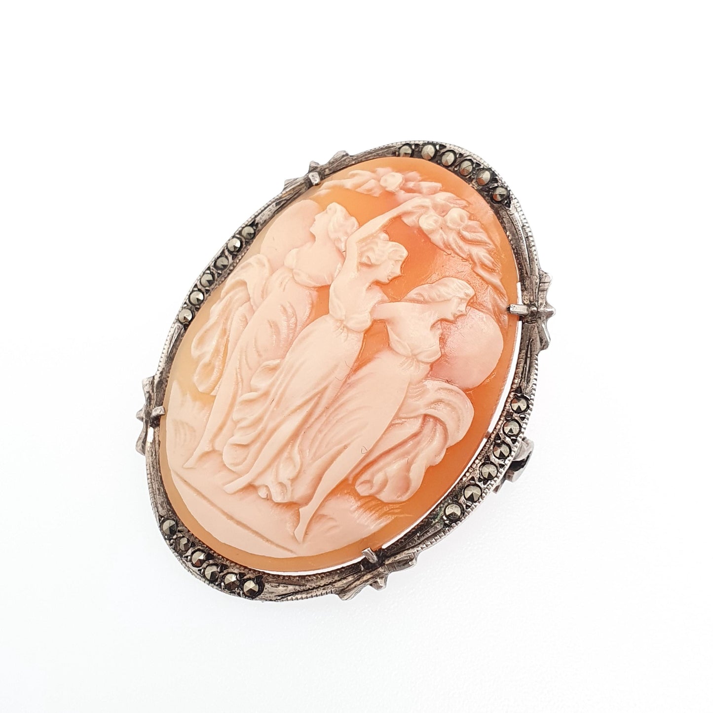 Antique Solid Silver Three Graces Cameo Necklace Pendant Brooch Marcasite Art Deco Shell Hand Carved Italian Jewelry Jewellery Jewelry