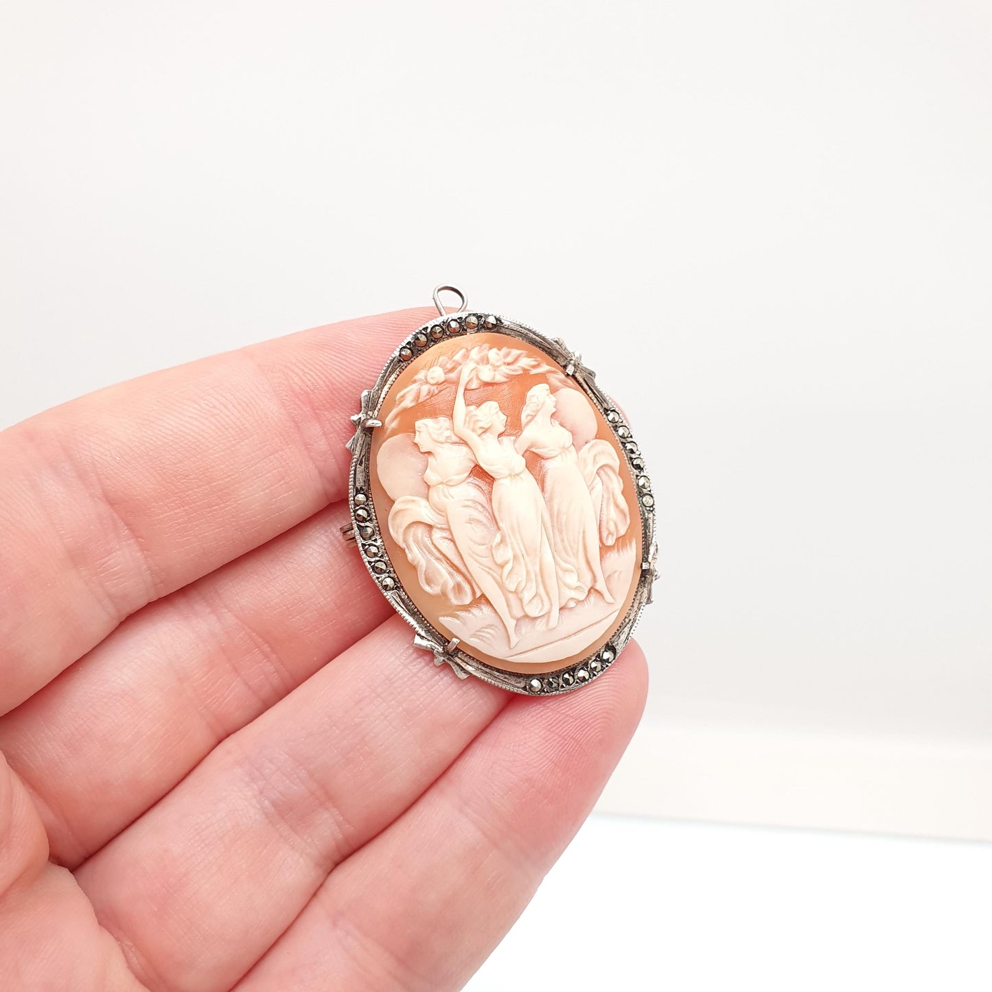 Antique Solid Silver Three Graces Cameo Necklace Pendant Brooch Marcasite Art Deco Shell Hand Carved Italian Jewelry Jewellery Jewelry