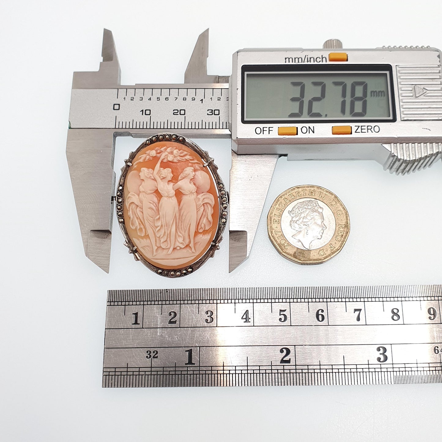 Antique Solid Silver Three Graces Cameo Necklace Pendant Brooch Marcasite Art Deco Shell Hand Carved Italian Jewelry Jewellery Jewelry