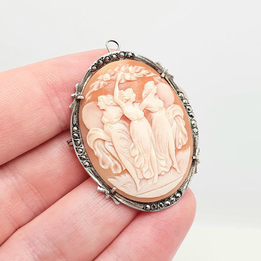 Antique Solid Silver Three Graces Cameo Necklace Pendant Brooch Marcasite Art Deco Shell Hand Carved Italian Jewelry Jewellery Jewelry