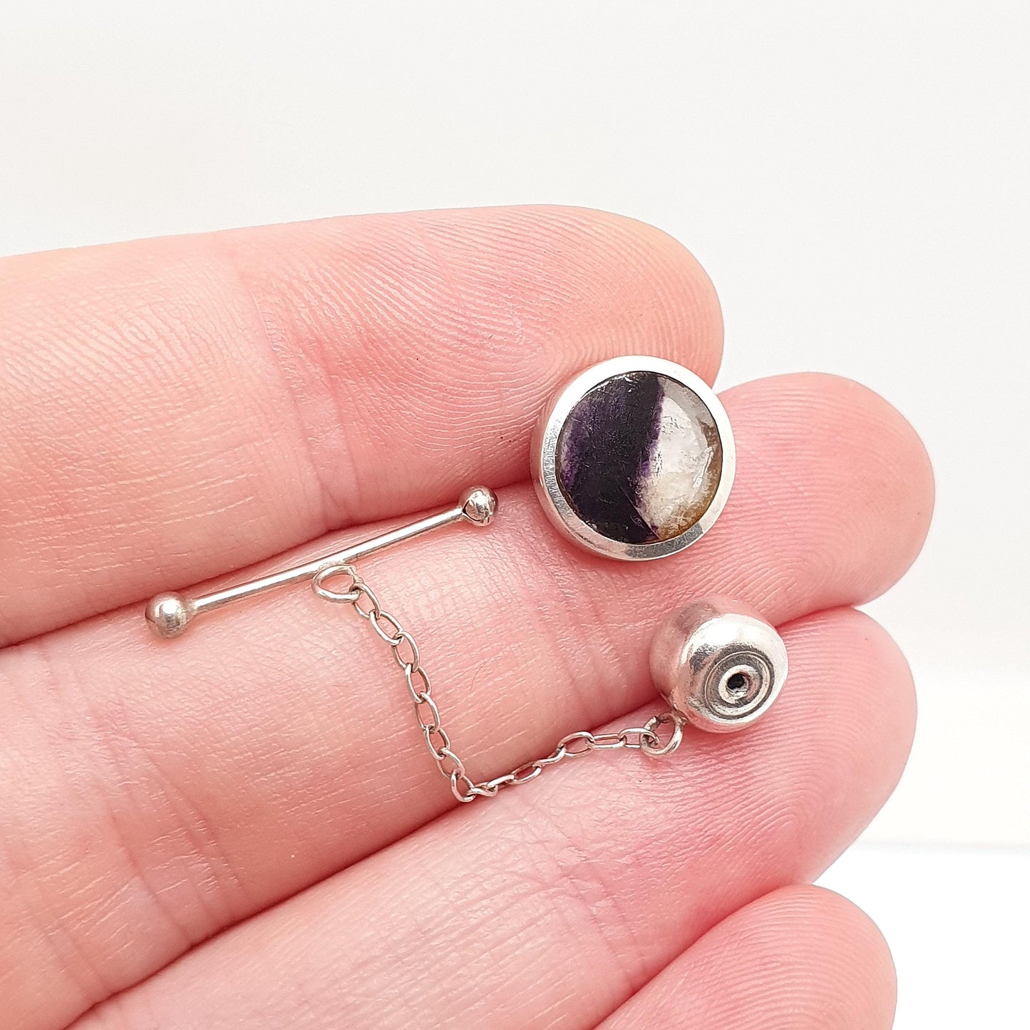 Vintage Solid Silver Blue John Lapel Pin Bleu Jaune Fluorite 1960s Blazer Suit Jacket Vintage Mens Gents Jewellery Jewelry