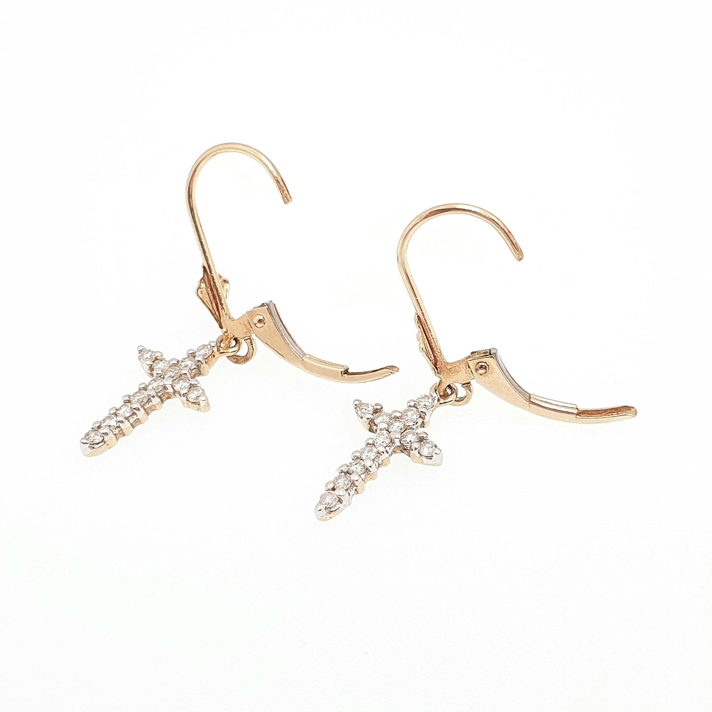 Vintage 9k 9ct Gold Diamond Cross Earrings Crucifix Genuine Diamond Hook Dangle Brilliant Cut Solid 375 Jewelry Retro Jewellery