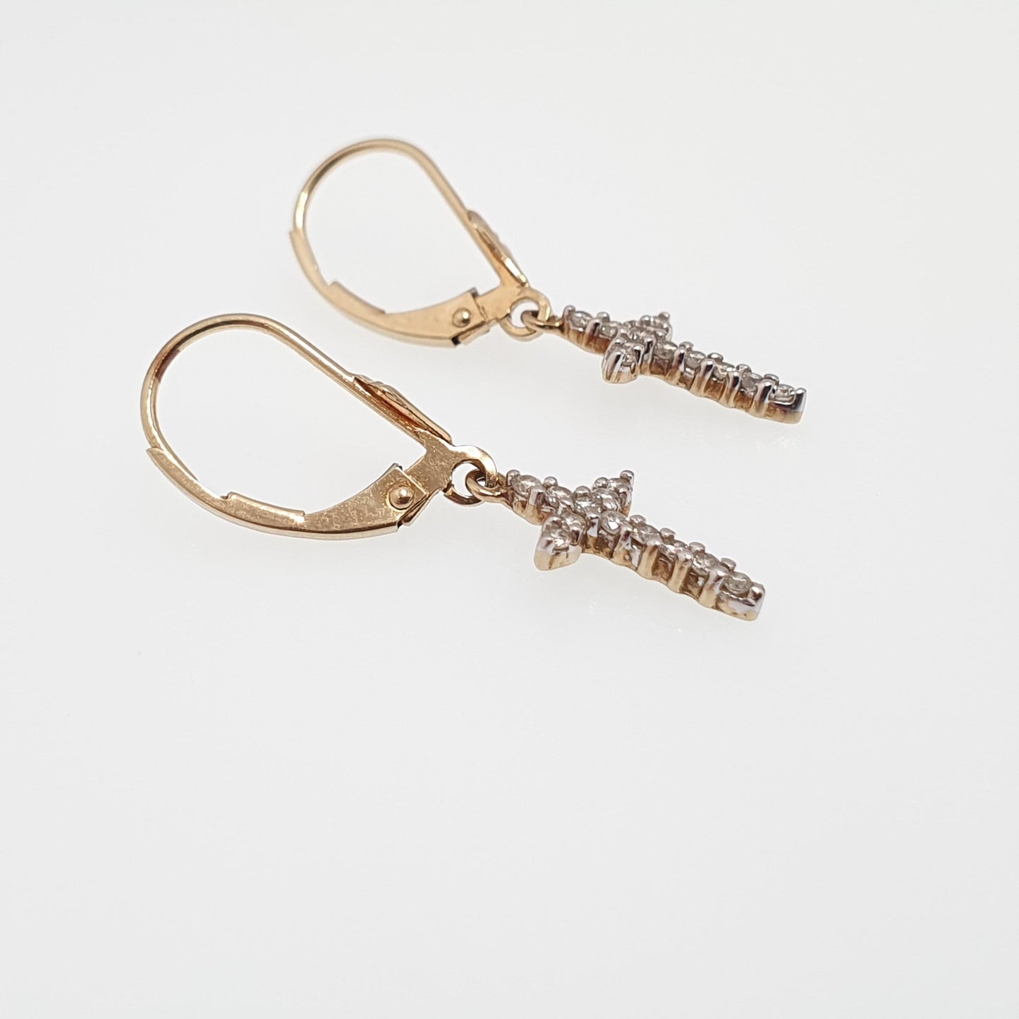 Vintage 9k 9ct Gold Diamond Cross Earrings Crucifix Genuine Diamond Hook Dangle Brilliant Cut Solid 375 Jewelry Retro Jewellery