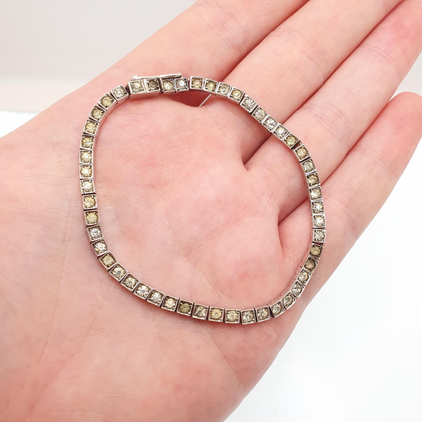 Antique Sterling Silver Diamond Paste Bracelet Art Deco Square Link Genuine 1920s Vintage 11.25g Sparkly Cocktail Womens Jewelry Jewellery