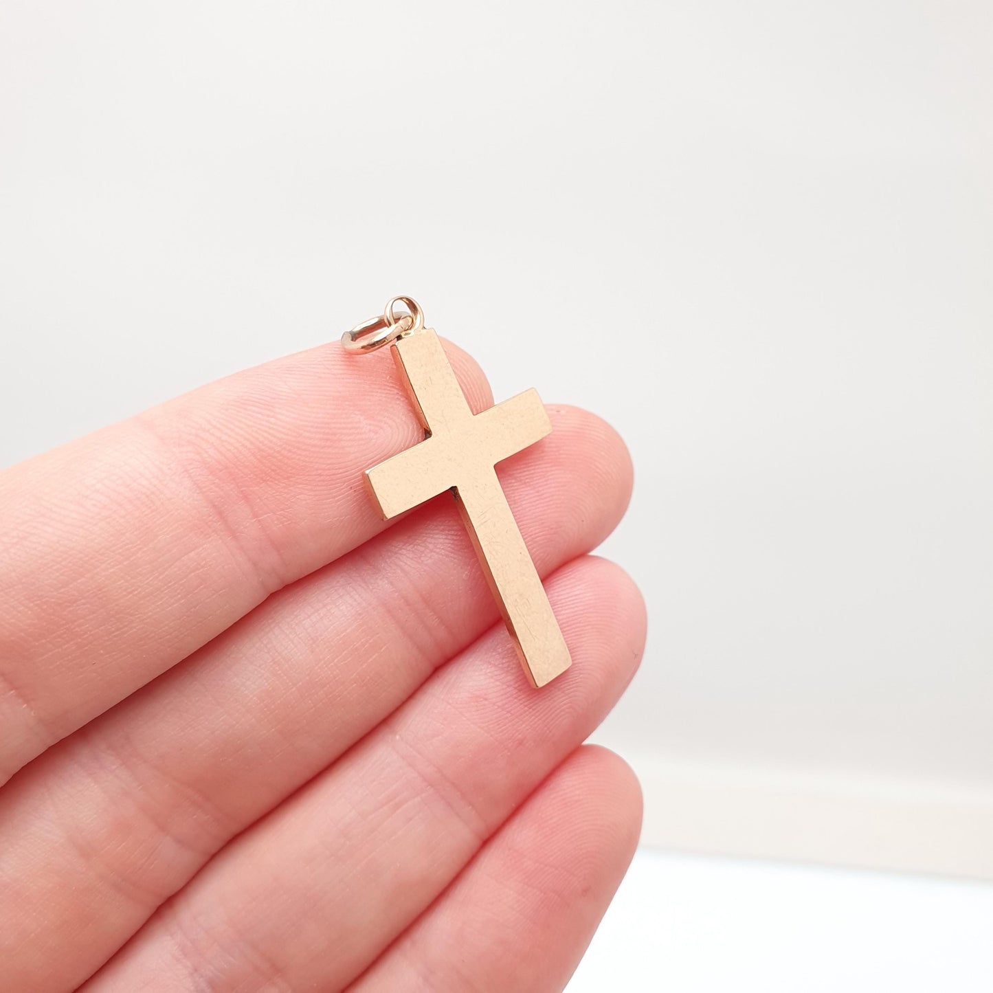 Antique 9ct 9k Rose Gold Crucifix Necklace Cross Pendant Plain Smooth 1918 Hallmark Solid 375 Vintage Womens Mens Jewellery Jewelry