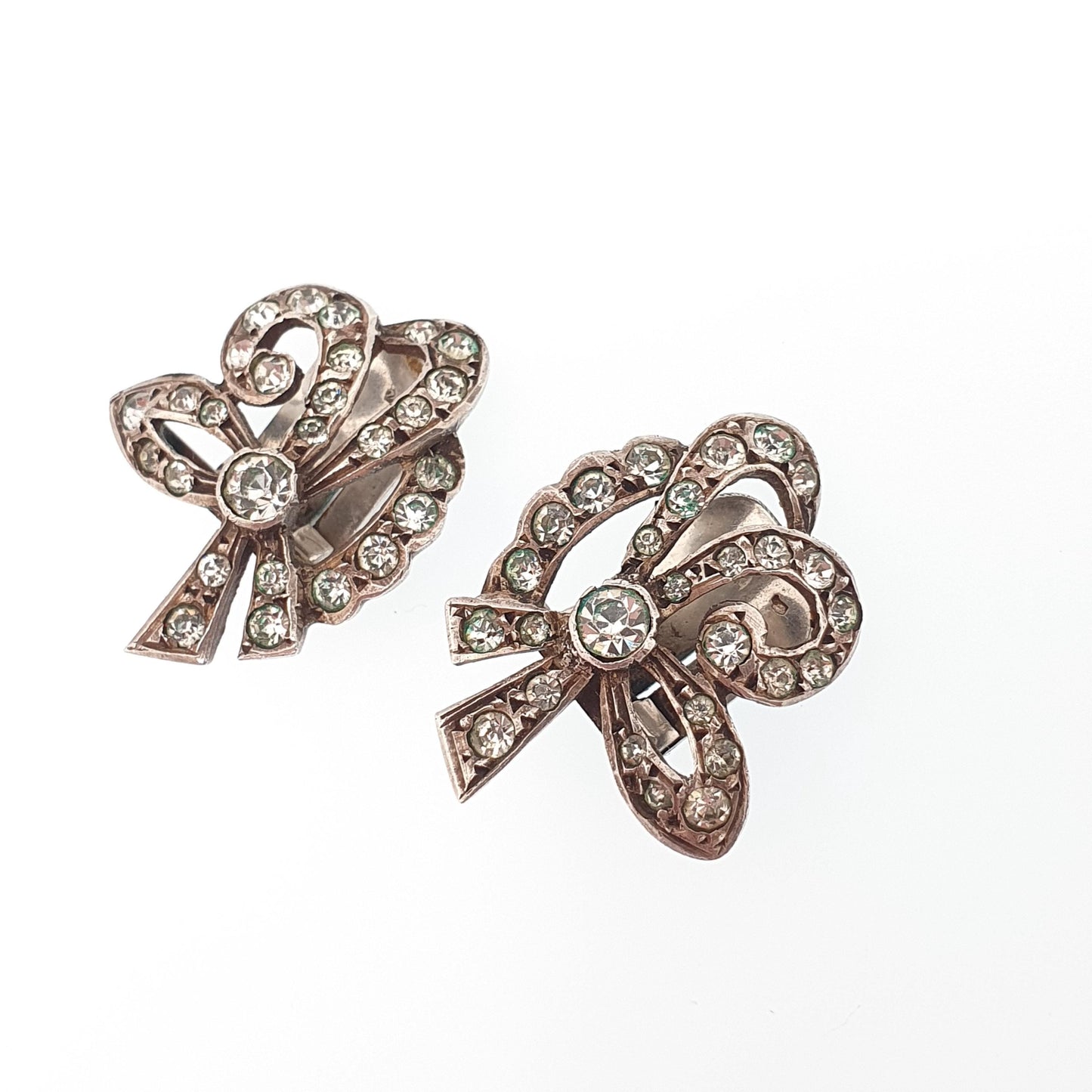 Antique Art Deco Solid Silver Bow Earrings Diamond Paste 1920s Clip On Flapper Cocktail Vintage Sparkly  Jewelry Jewellery