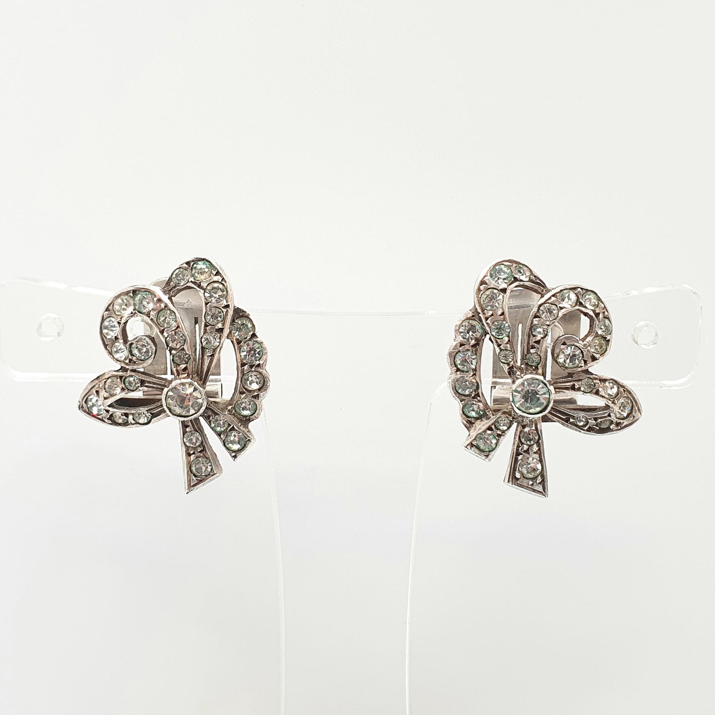 Antique Art Deco Solid Silver Bow Earrings Diamond Paste 1920s Clip On Flapper Cocktail Vintage Sparkly  Jewelry Jewellery