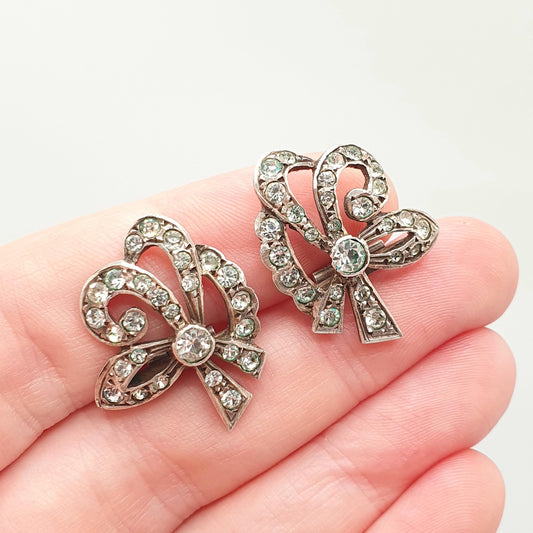 Antique Art Deco Solid Silver Bow Earrings Diamond Paste 1920s Clip On Flapper Cocktail Vintage Sparkly  Jewelry Jewellery