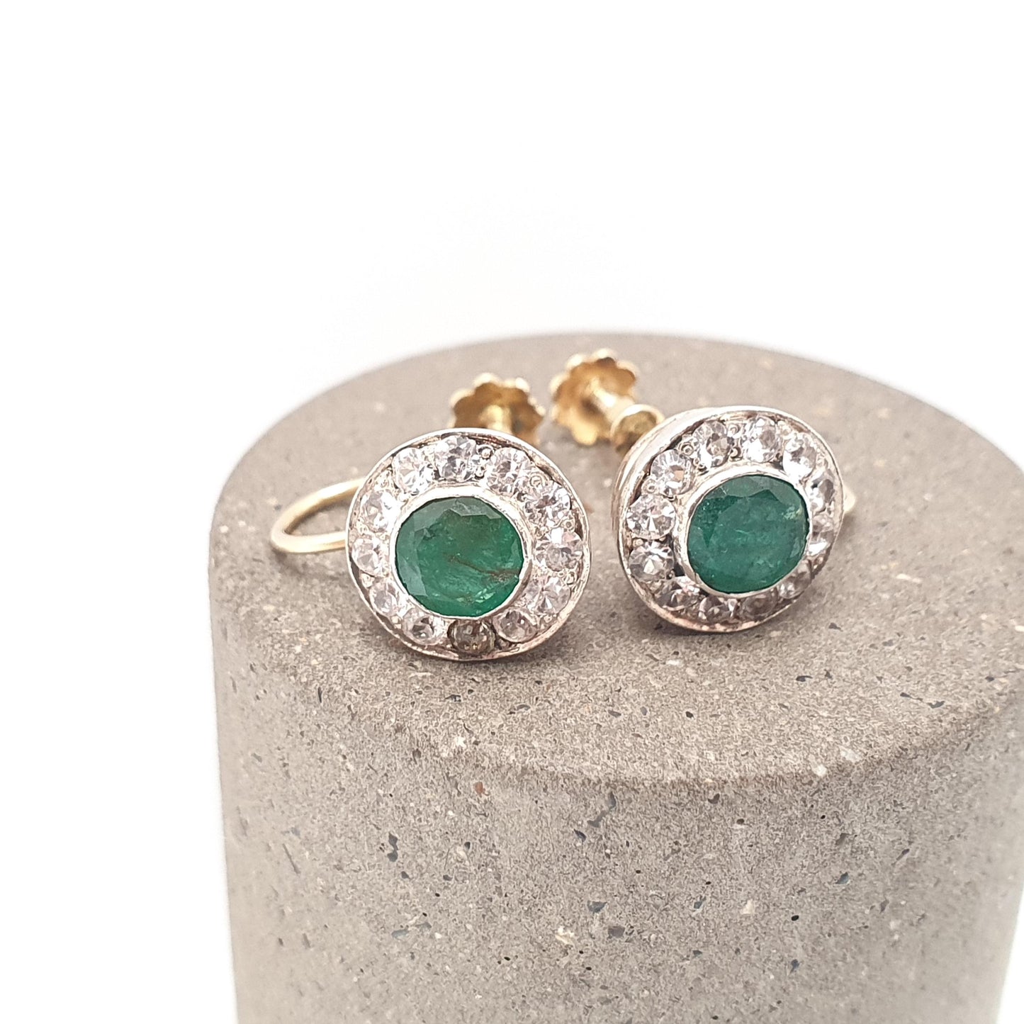 Antique 9k 9ct Gold Emerald Earrings White Sapphire Cluster Halo Solid Silver Set Solid 9kt Vintage Jewellery Jewelry