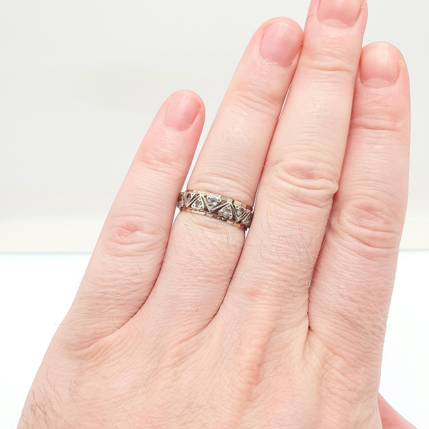 Antique 9ct 9k Gold Eternity Ring White Spinel Sterling Silver Band Solid 9kt Gold Art Deco Vintage 1920s Womens Jewelry Jewellery