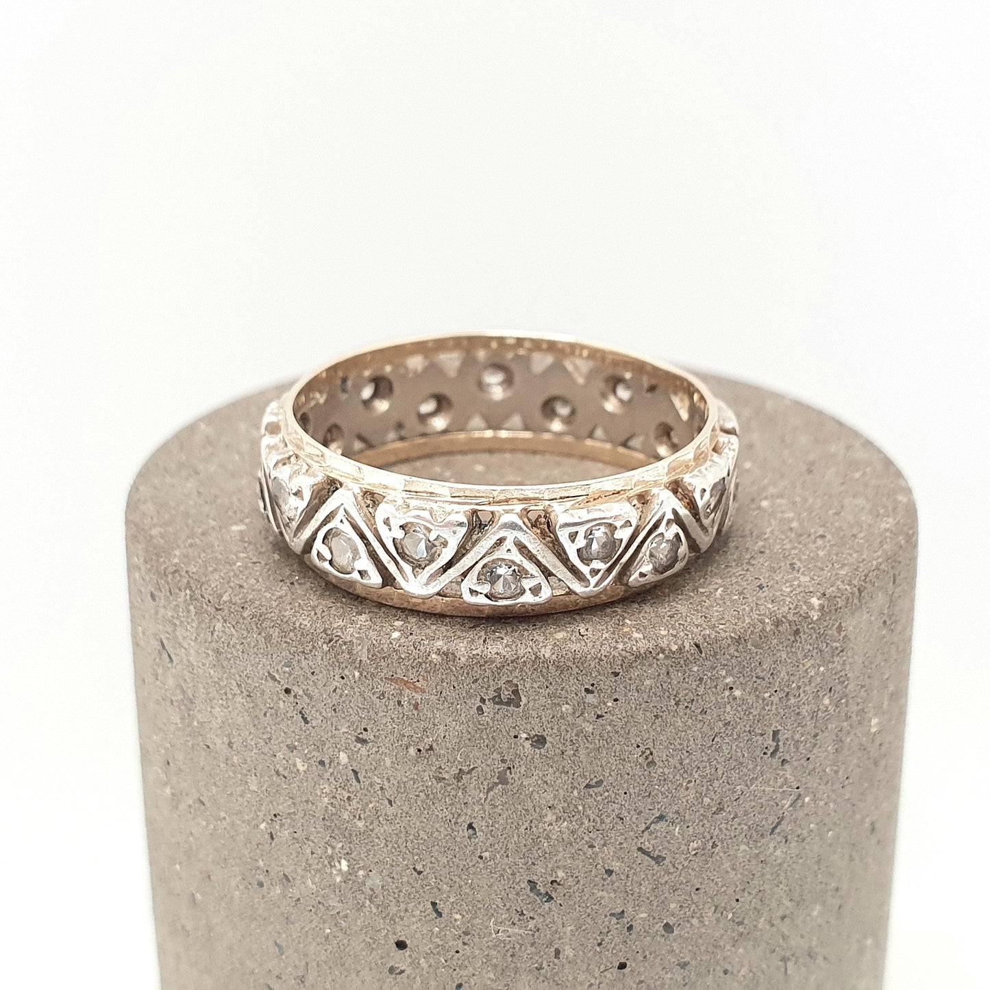 Antique 9ct 9k Gold Eternity Ring White Spinel Sterling Silver Band Solid 9kt Gold Art Deco Vintage 1920s Womens Jewelry Jewellery