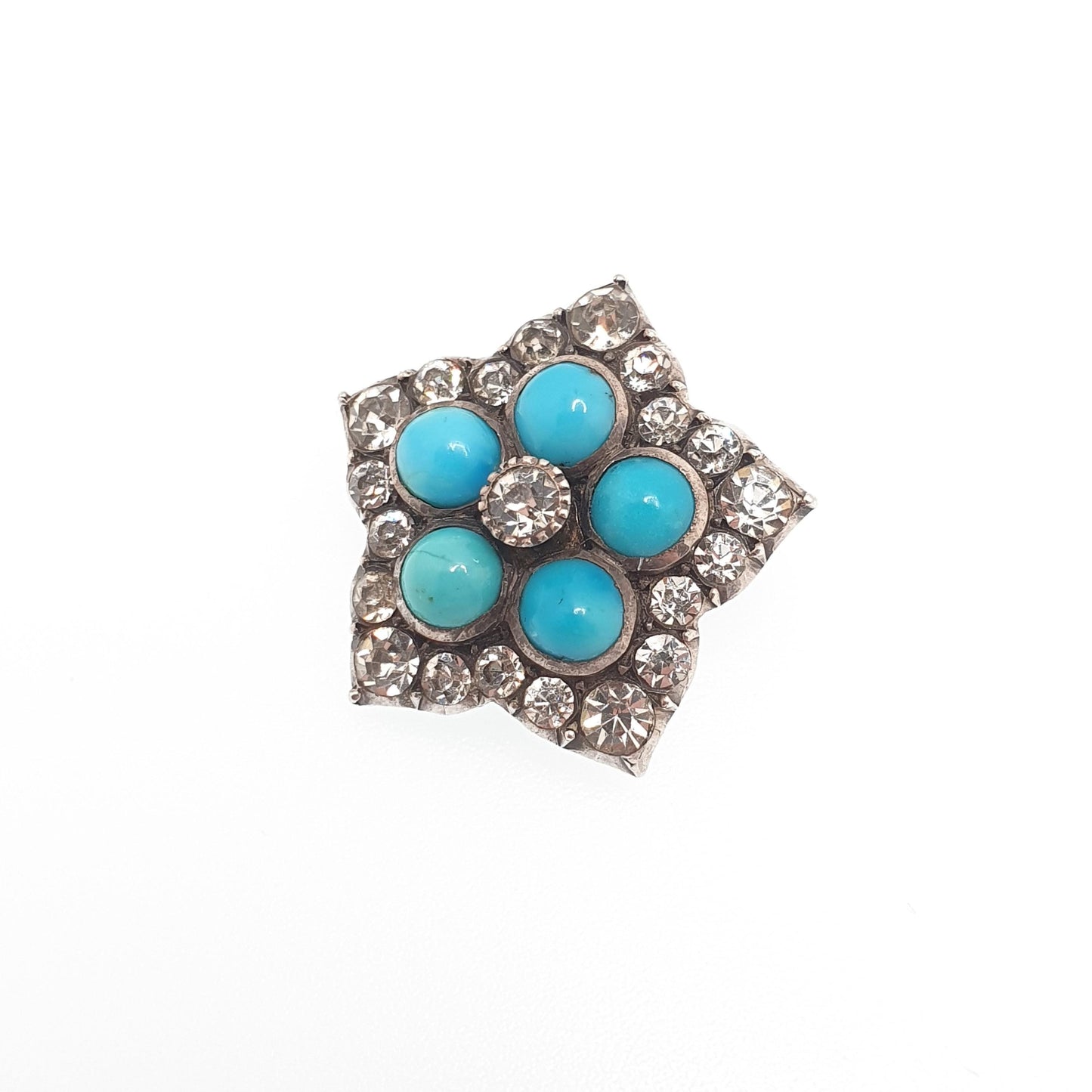 Antique Victorian Diamond Paste Solid Silver Star Brooch Pin Forget Me Not Turquoise Glass Sparkly Womens Jewelry Jewellery