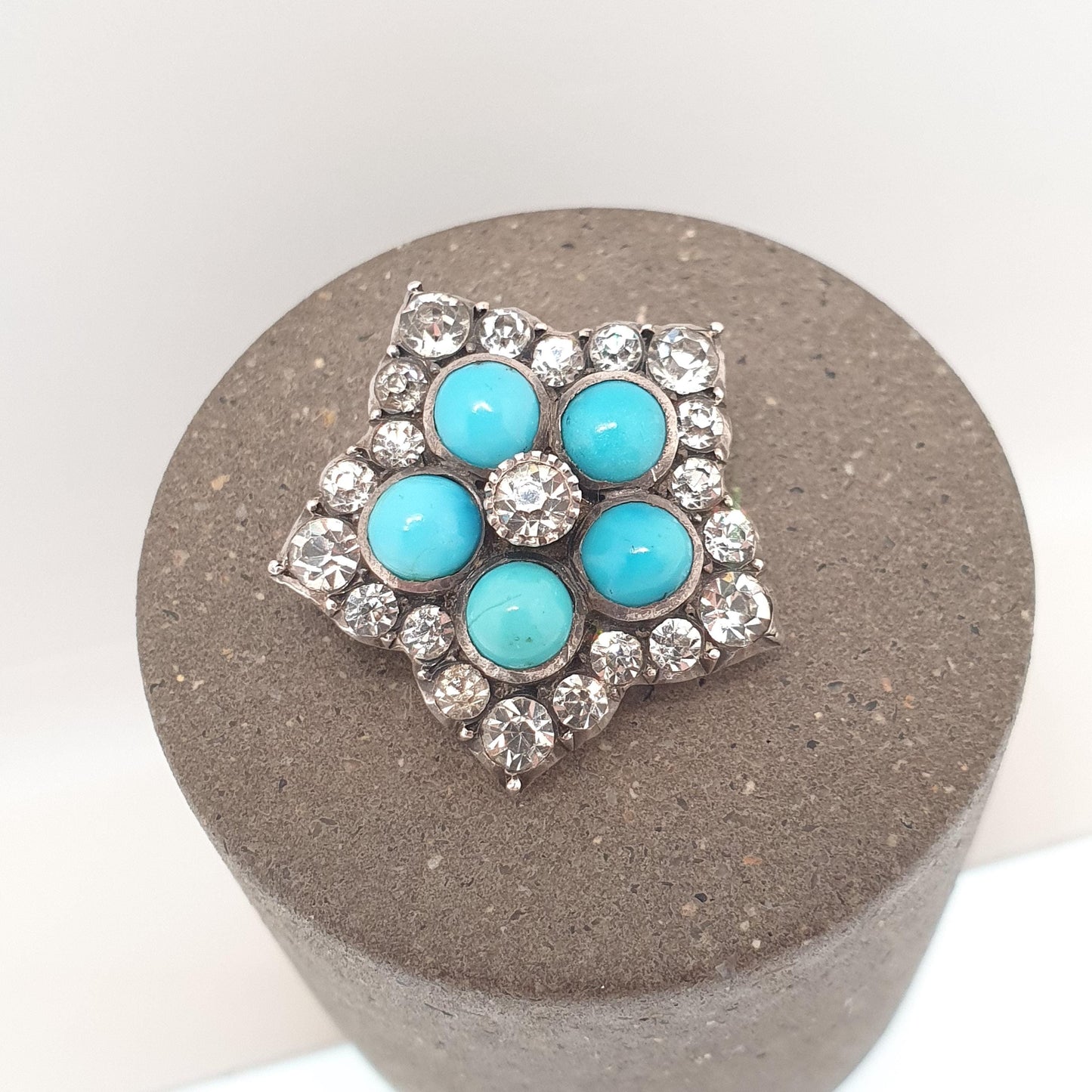 Antique Victorian Diamond Paste Solid Silver Star Brooch Pin Forget Me Not Turquoise Glass Sparkly Womens Jewelry Jewellery