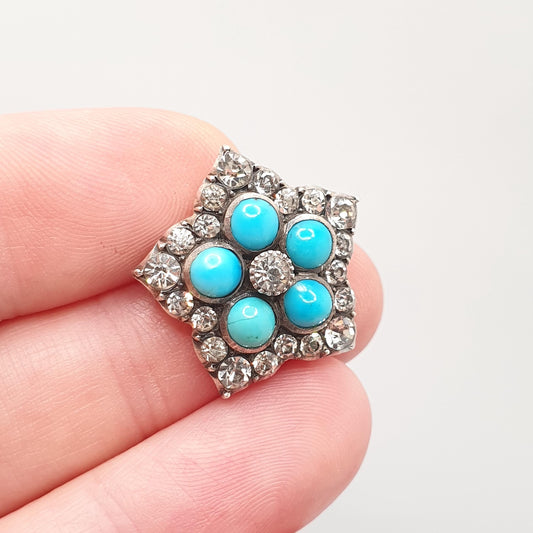 Antique Victorian Diamond Paste Solid Silver Star Brooch Pin Forget Me Not Turquoise Glass Sparkly Womens Jewelry Jewellery
