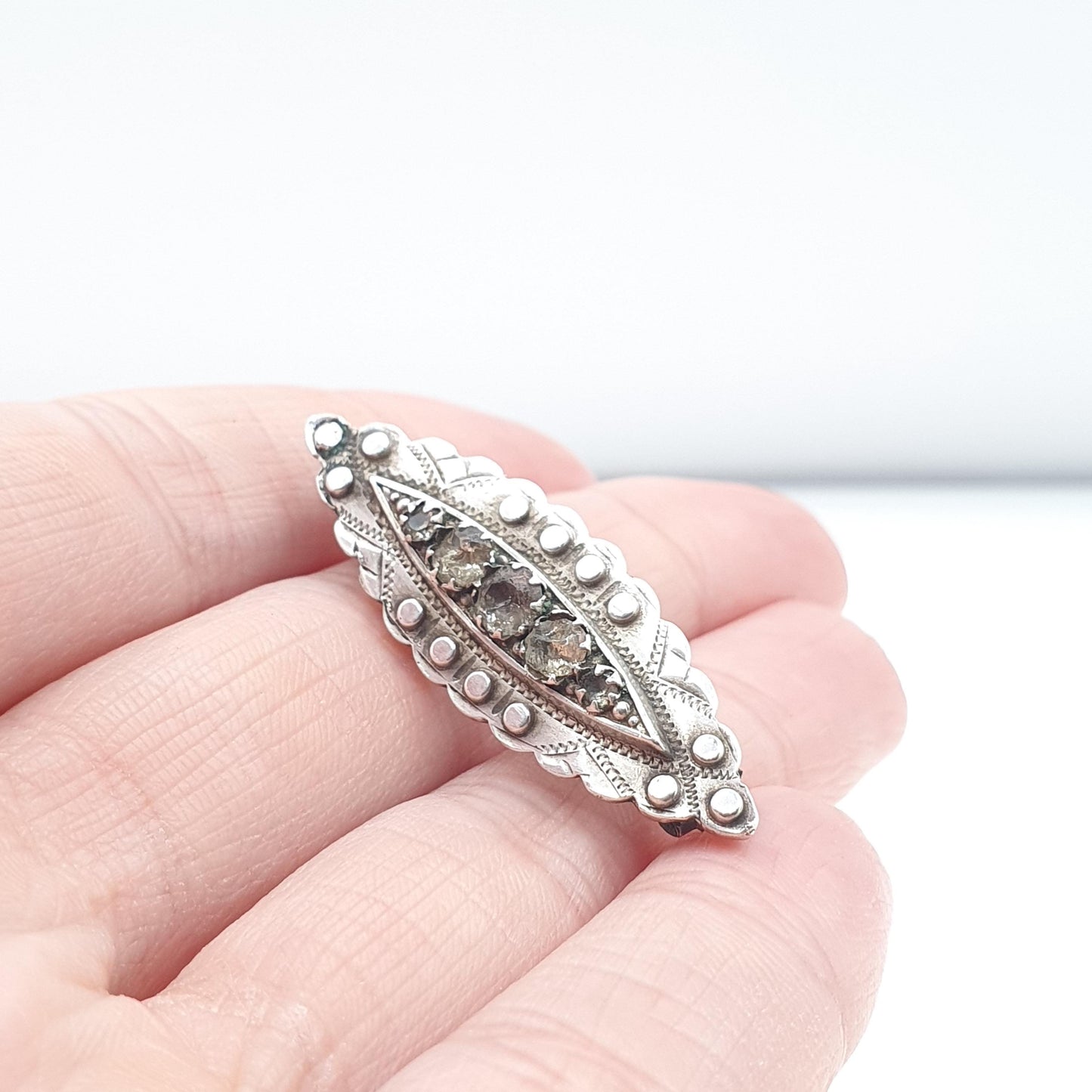 Antique Victorian Sterling Silver Diamond Paste Brooch Ellipse Shape Womens Jewelry Jewellery