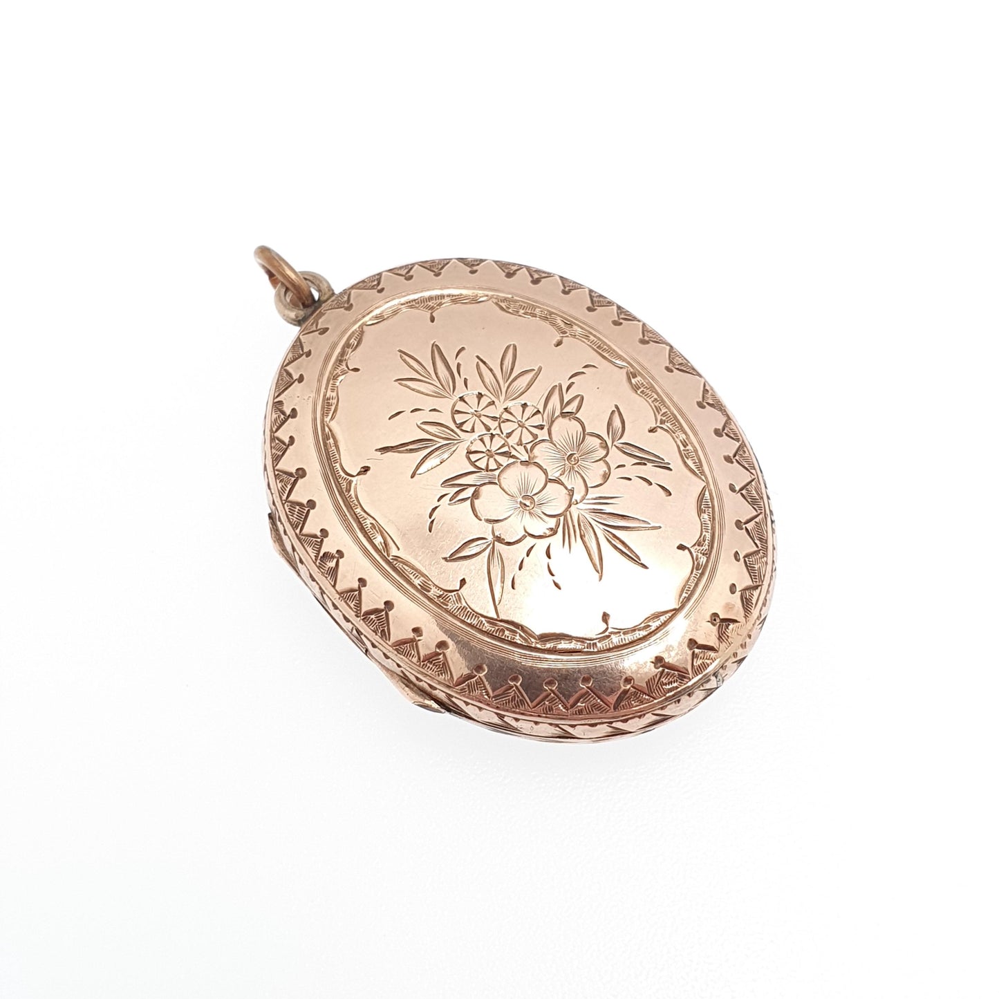 Antique 9ct Rose Gold Locket Large Oval Solid 9k 375 Engraved Victorian Cute Pendant Flower Back & Front Necklace Jewelry Womens Jewellery