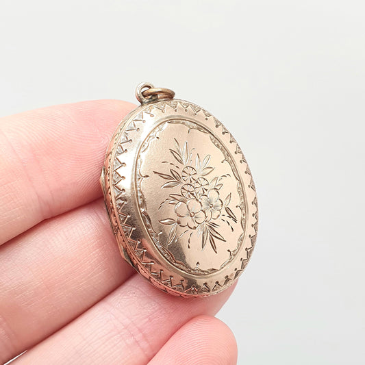 Antique 9ct Rose Gold Locket Large Oval Solid 9k 375 Engraved Victorian Cute Pendant Flower Back & Front Necklace Jewelry Womens Jewellery
