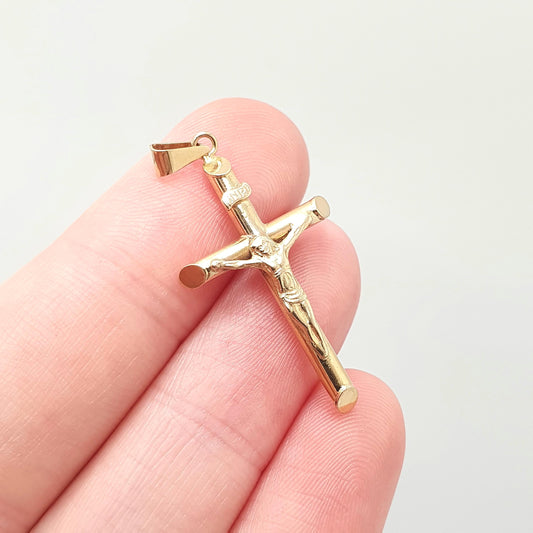 Vintage 9k 9ct Gold Jesus On The Cross Crucifix Necklace Pendant Italy INRI Solid 375 Christian Religious Mens Womens Jewelry Jewellery