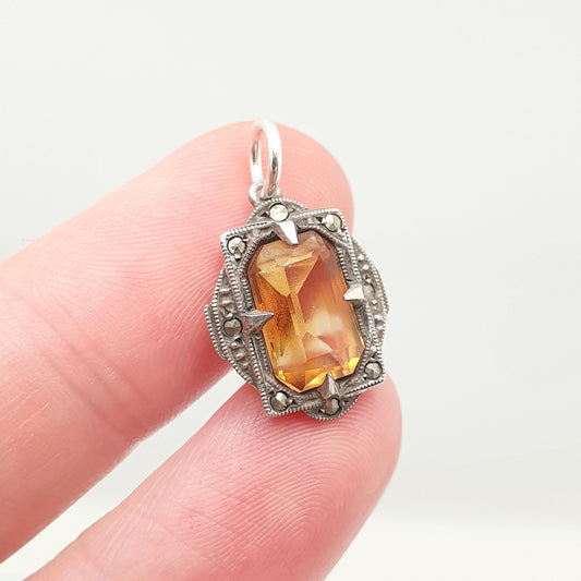 Antique Natural Citrine Solid Silver Necklace Pendant Art Deco Marcasite Rectangular Cut Genuine Real 1920s Vintage Gemstone Quartz