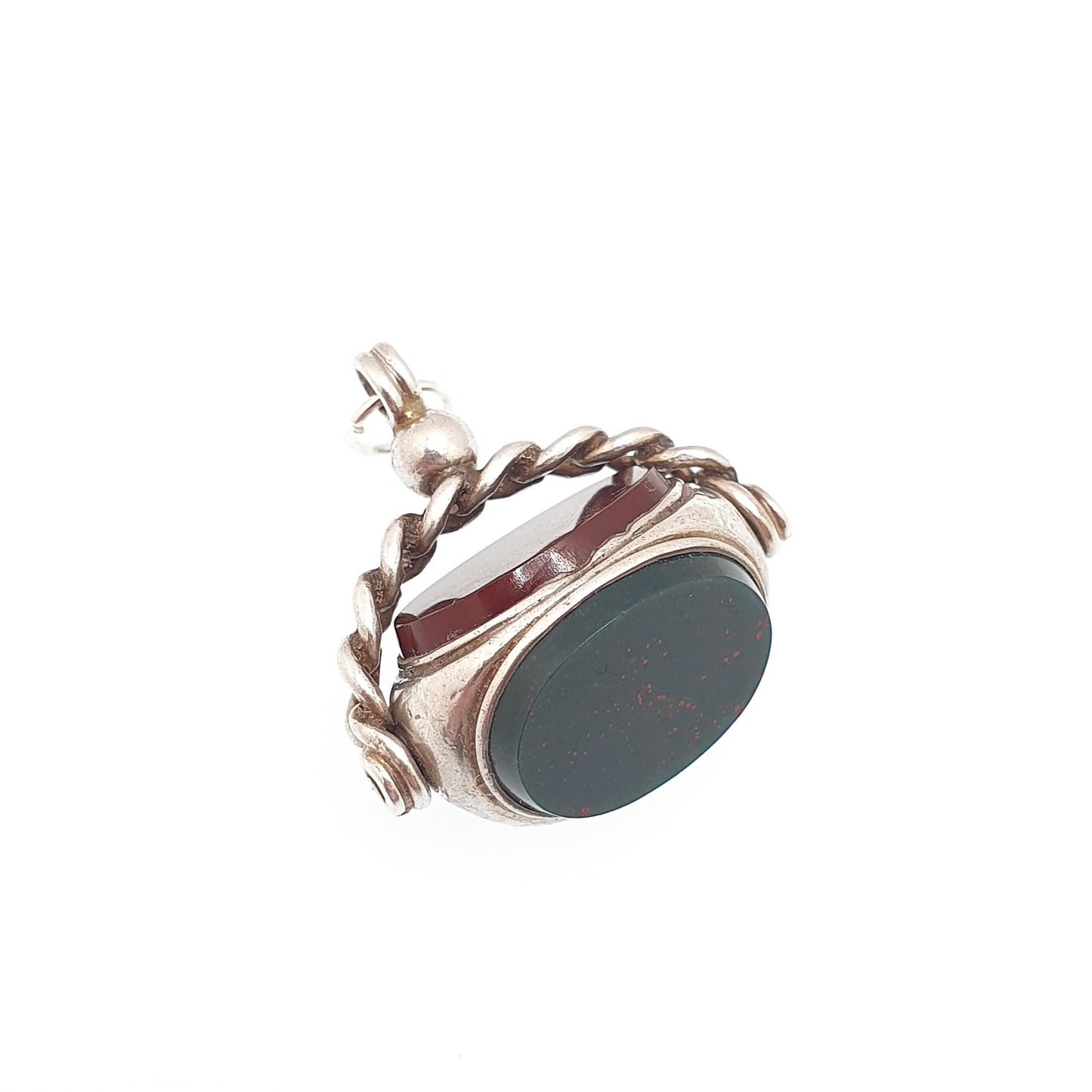 Antique Sterling Silver Spinner Bloodstone Fob Necklace Pendant Curb Border Carnelian Triple Vintage Mens Womens Jewelry Jewellery