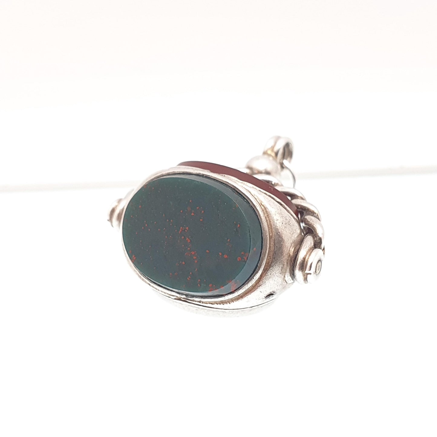 Antique Sterling Silver Spinner Bloodstone Fob Necklace Pendant Curb Border Carnelian Triple Vintage Mens Womens Jewelry Jewellery