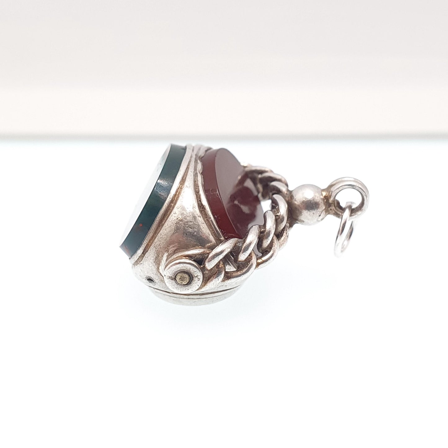 Antique Sterling Silver Spinner Bloodstone Fob Necklace Pendant Curb Border Carnelian Triple Vintage Mens Womens Jewelry Jewellery