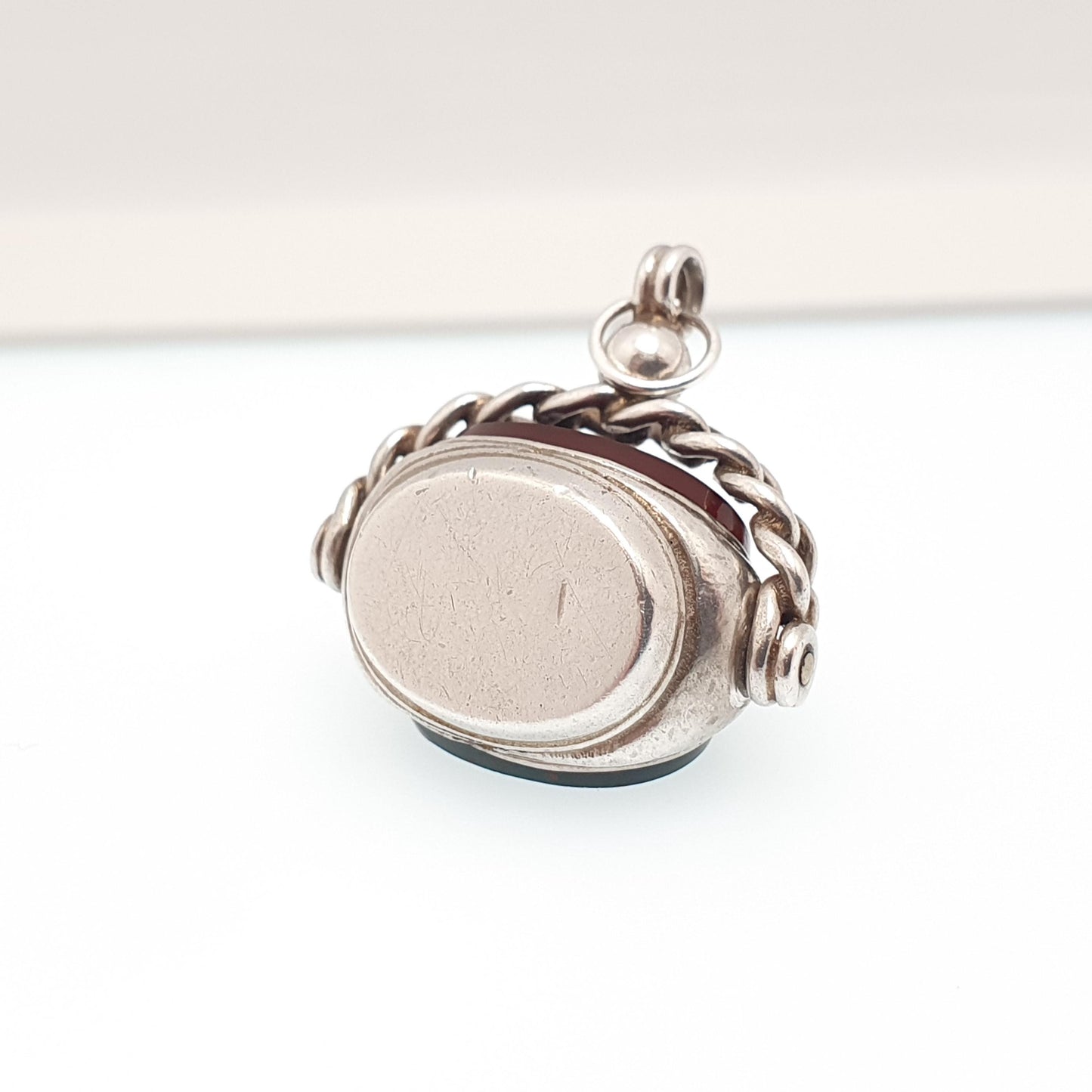 Antique Sterling Silver Spinner Bloodstone Fob Necklace Pendant Curb Border Carnelian Triple Vintage Mens Womens Jewelry Jewellery