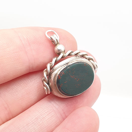 Antique Sterling Silver Spinner Bloodstone Fob Necklace Pendant Curb Border Carnelian Triple Vintage Mens Womens Jewelry Jewellery