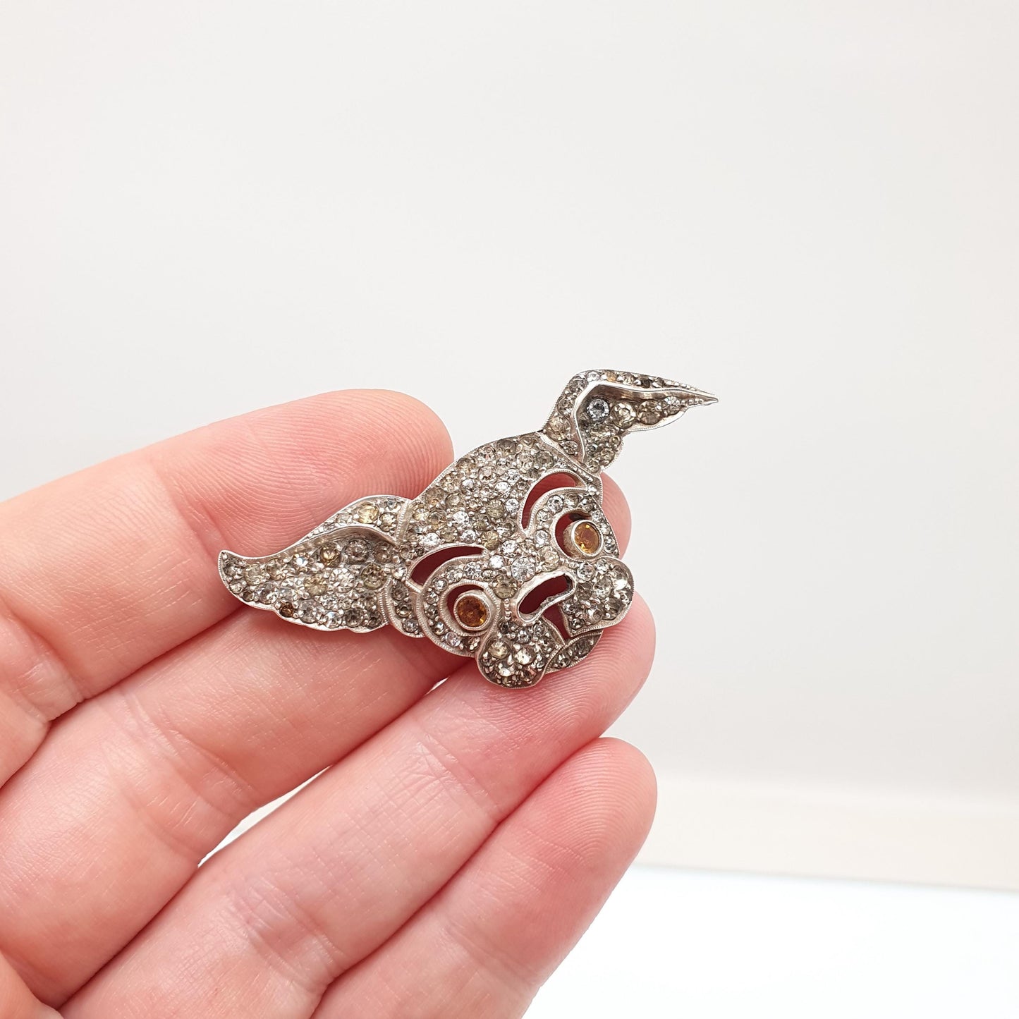 Antique Solid Silver Dog Brooch Diamond Paste Bulldog Art Deco Genuine Vintage Pet  Mens Jewelry